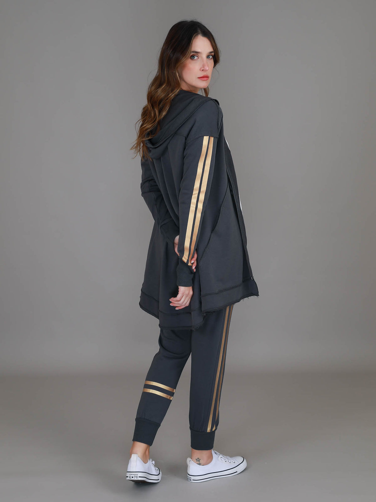 gold stripe hooded jacket #color_charcoal/gold