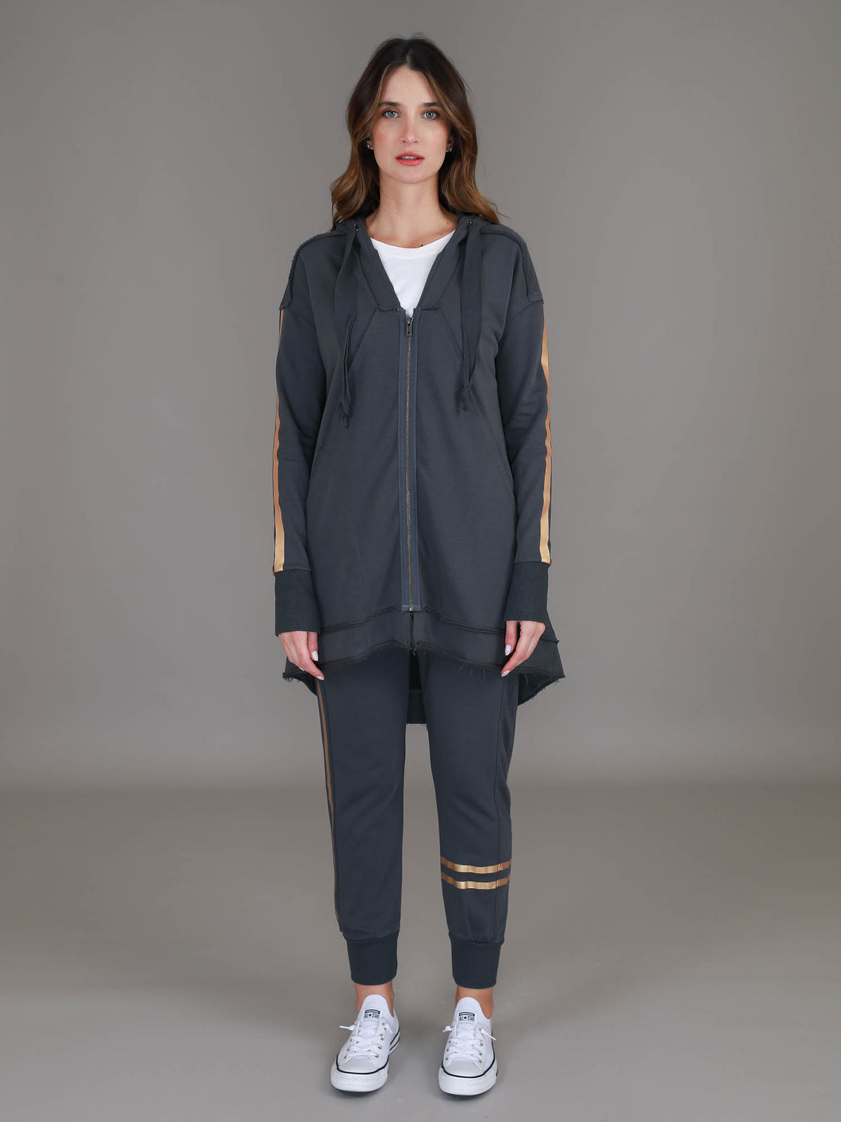 grey gold stripe jacket #color_charcoal/gold