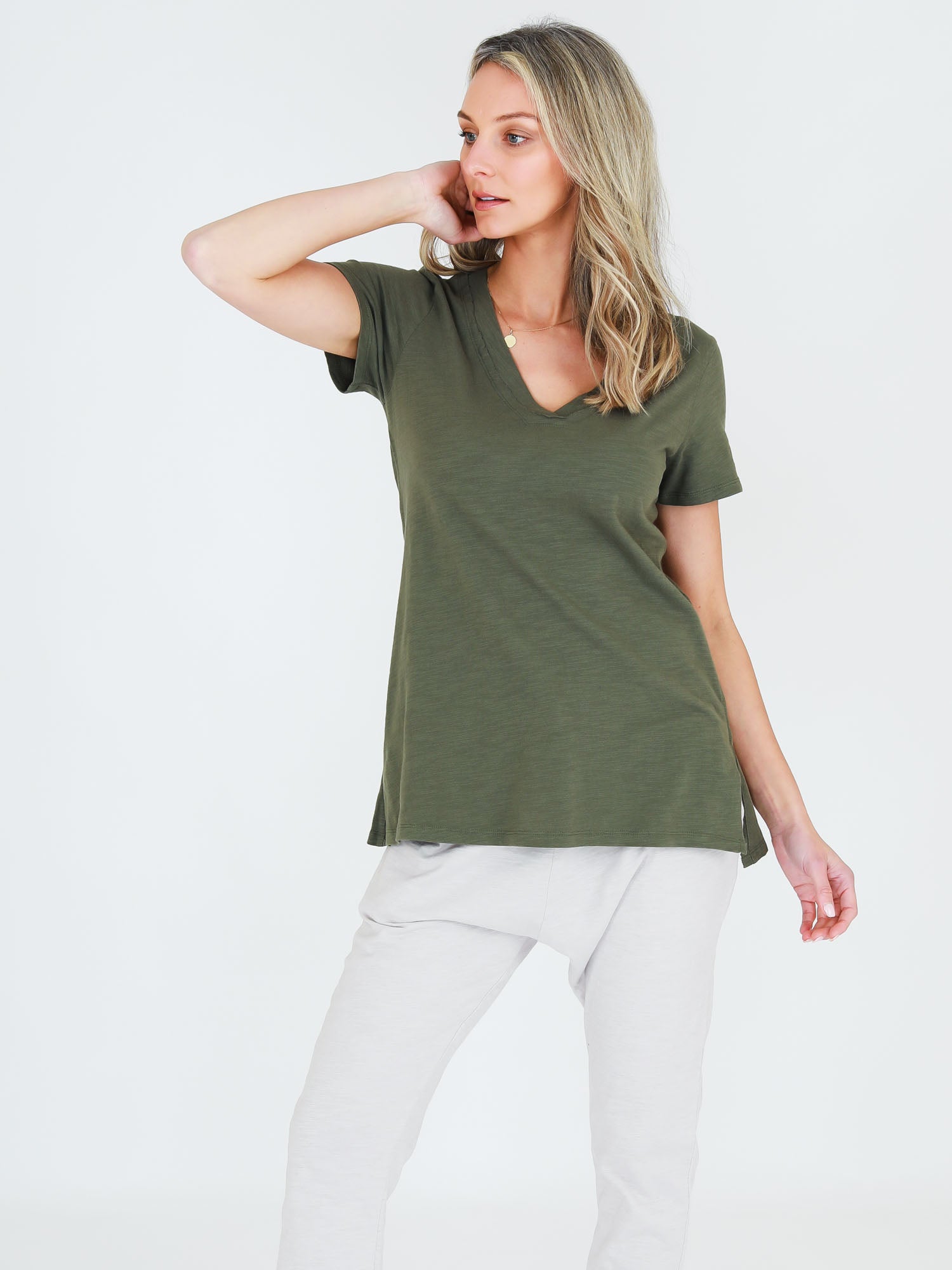 v neck t shirts women #color_khaki