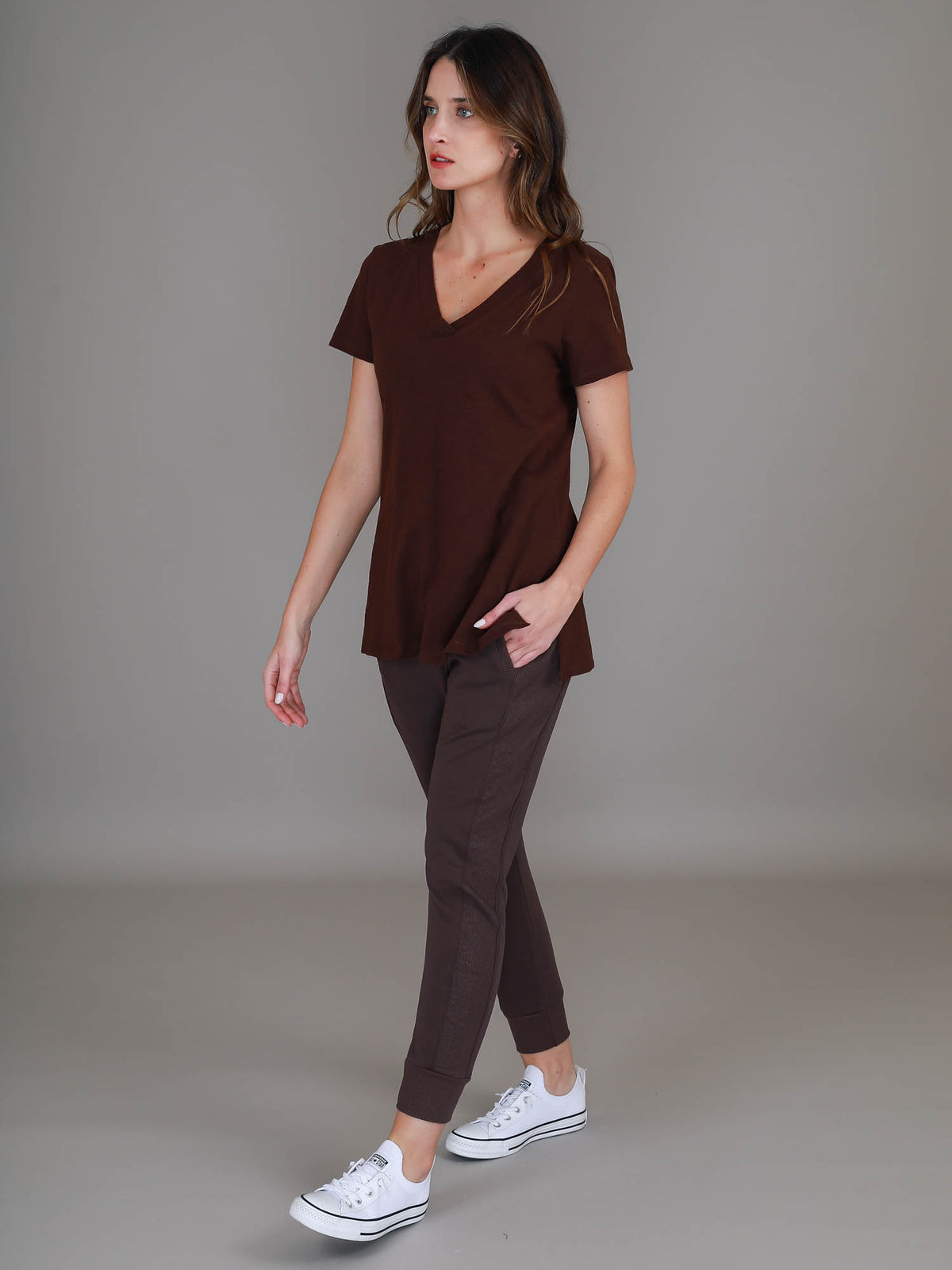 brown v neck top women #color_truffle