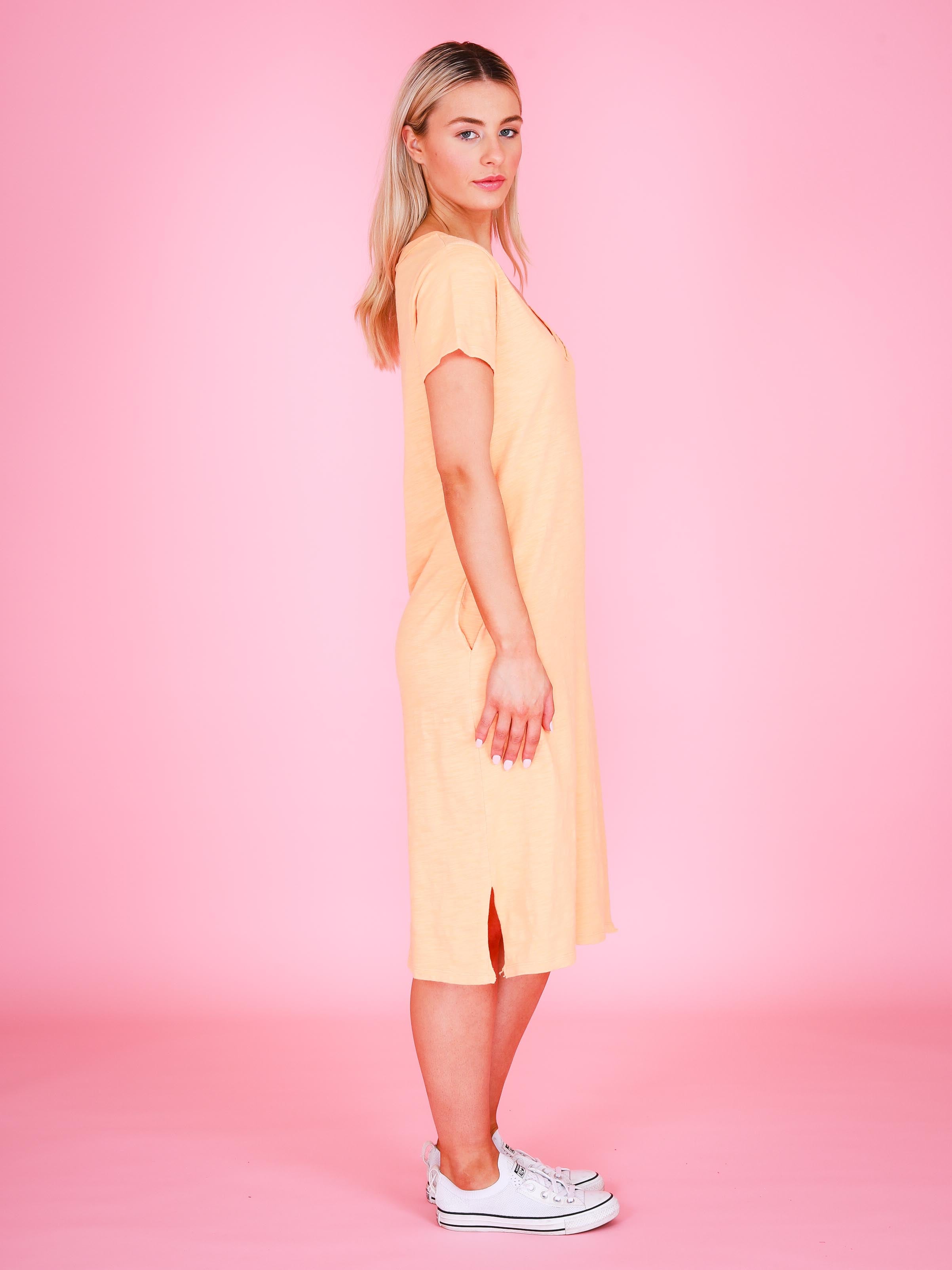 v neck midi dresses #color_melon