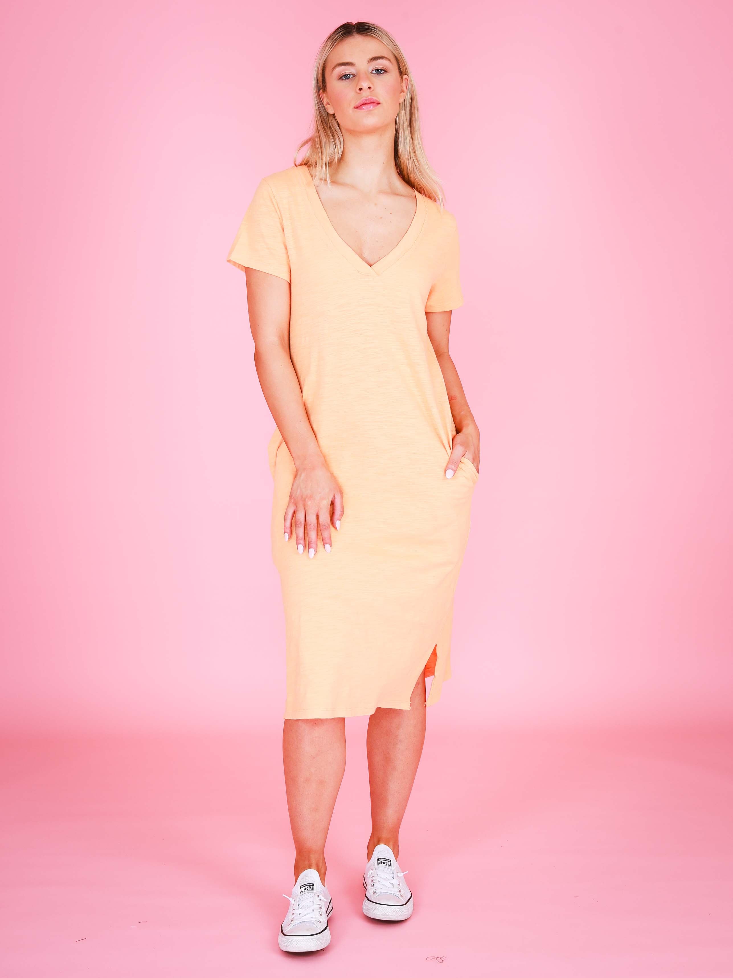 v neckline dress #color_melon