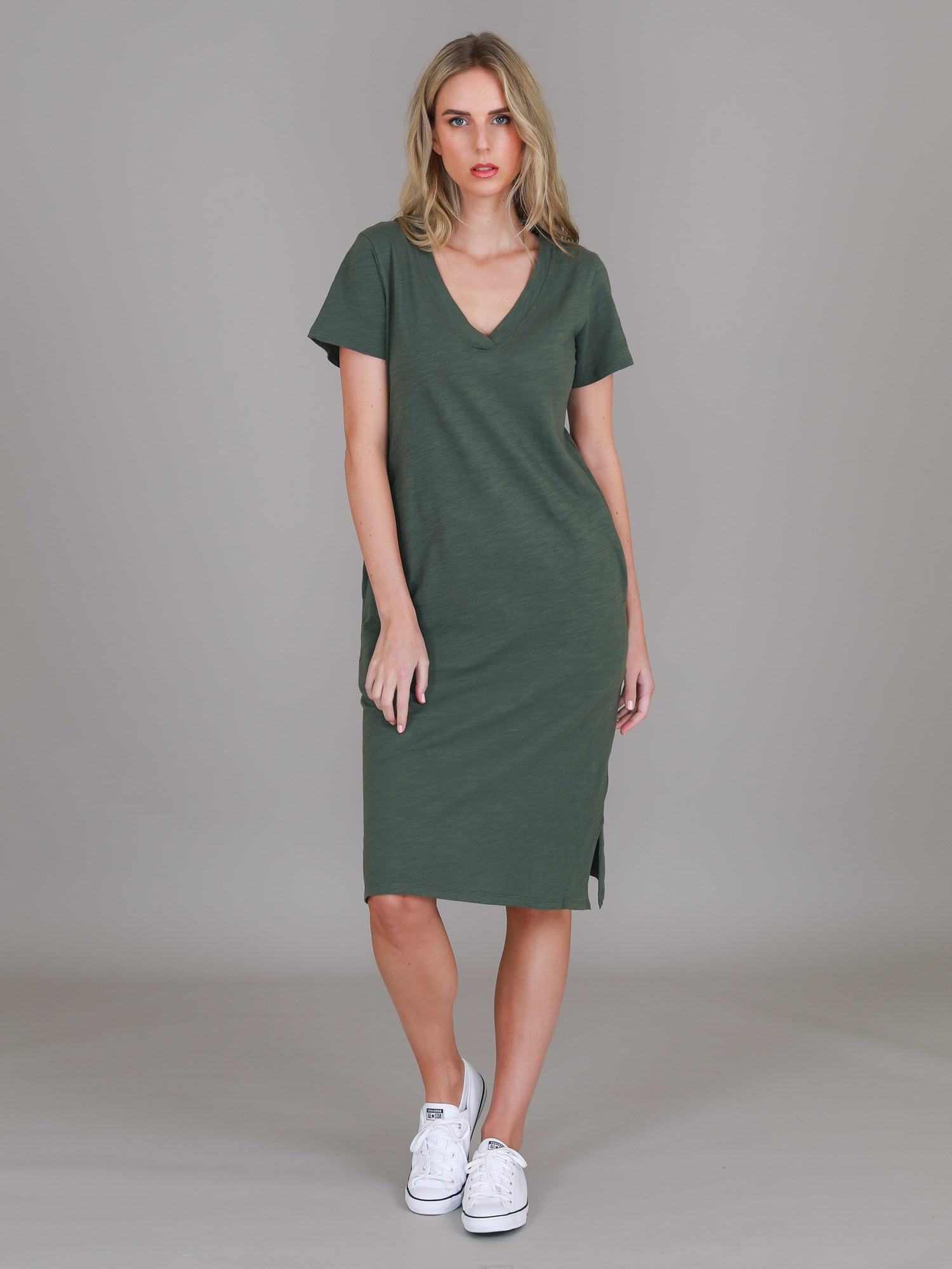 v neck t shirt green #color_khaki