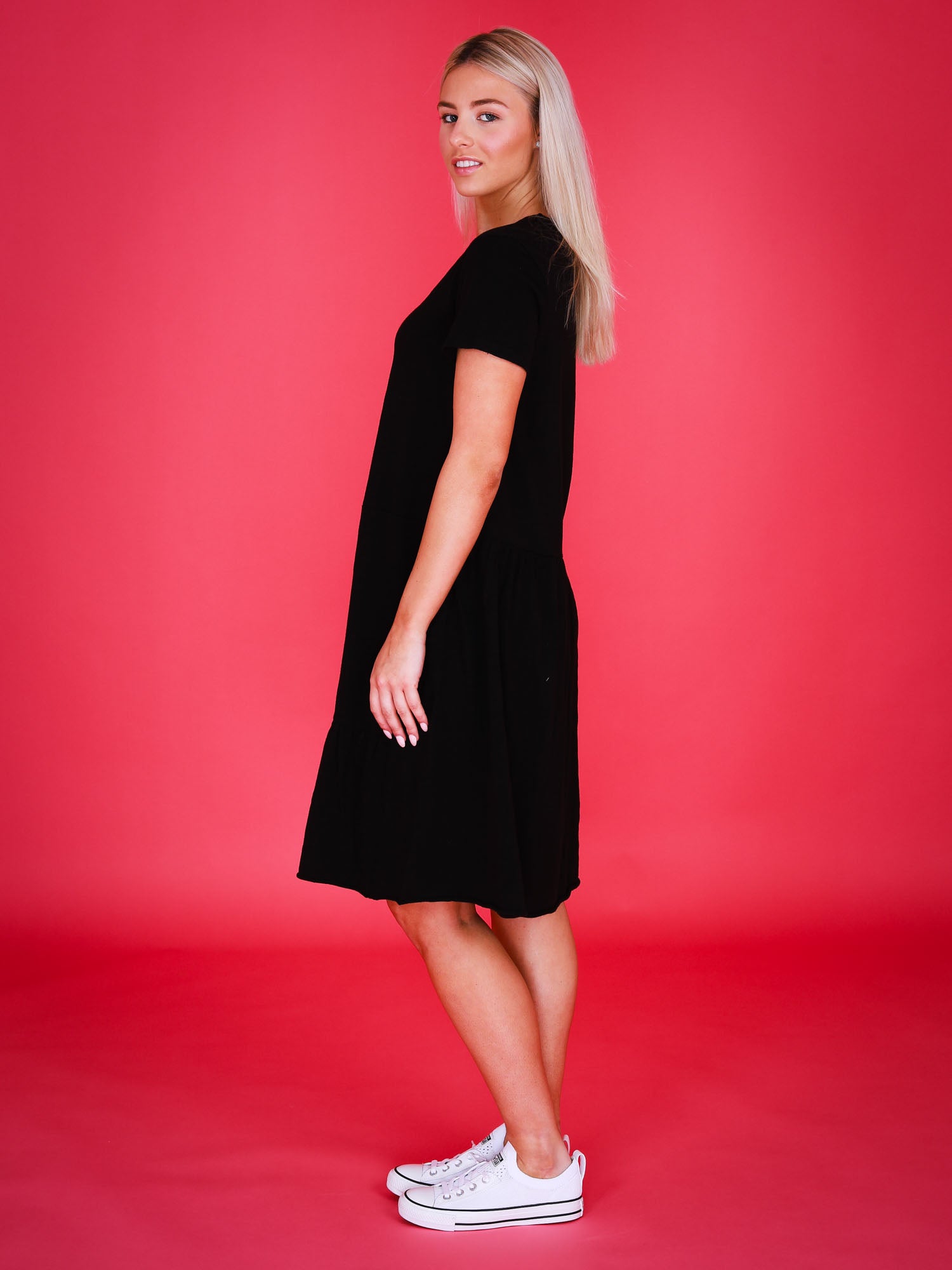 tiered dress with sleeves #color_black