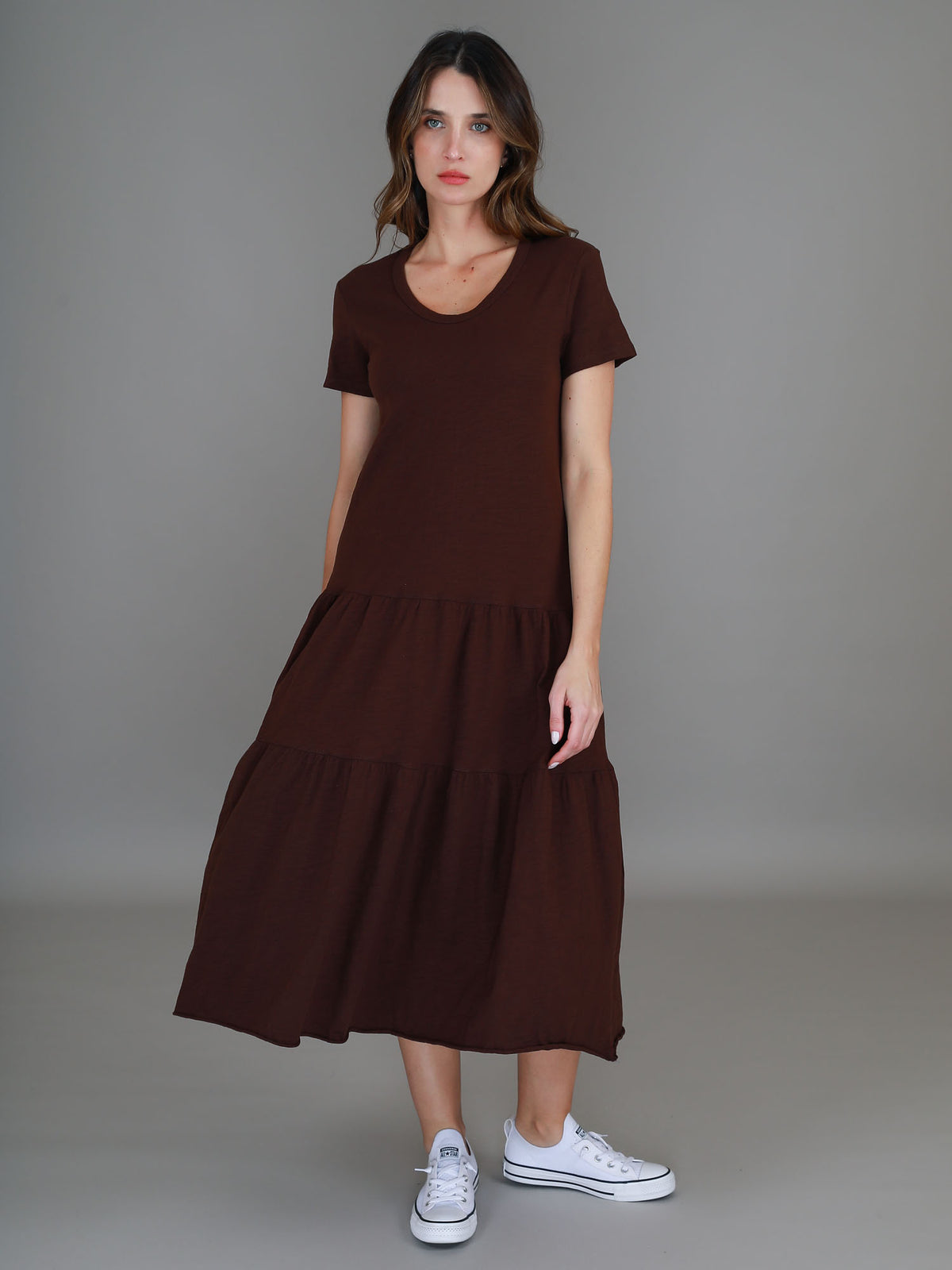 brown tiered midi dress #color_truffle