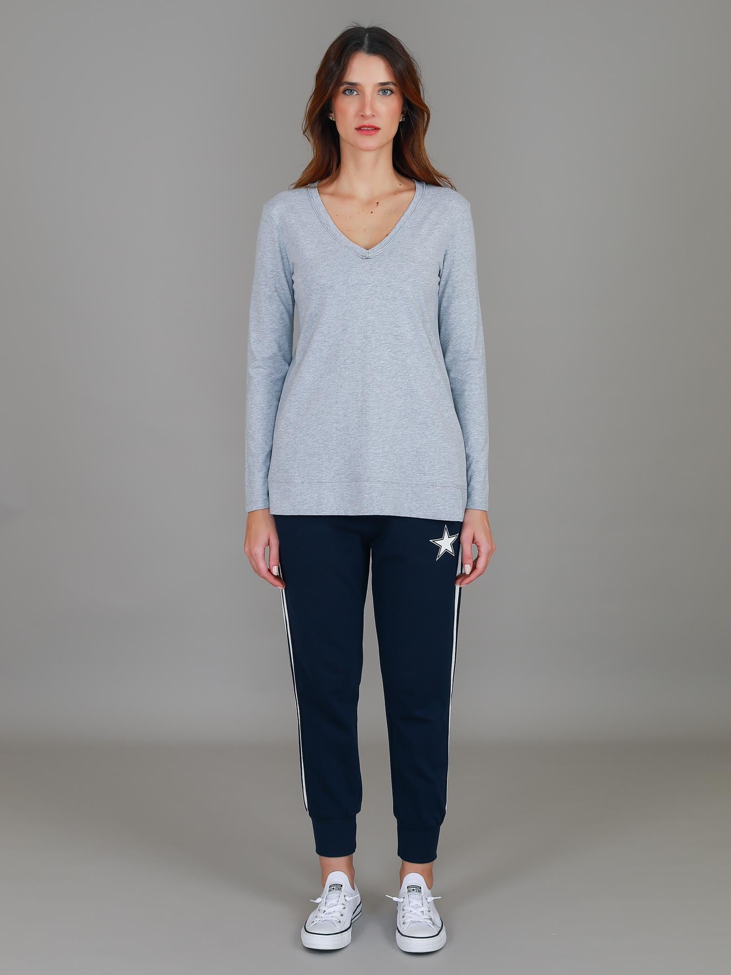 v neck top long sleeve #color_grey marle