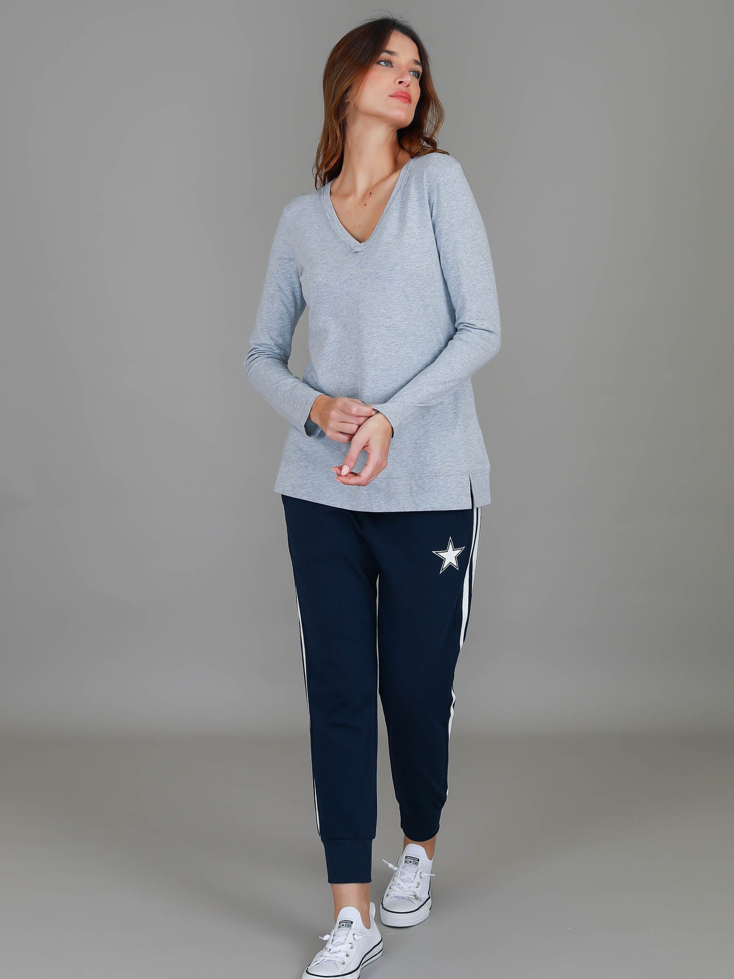 plunge neck top #color_grey marle