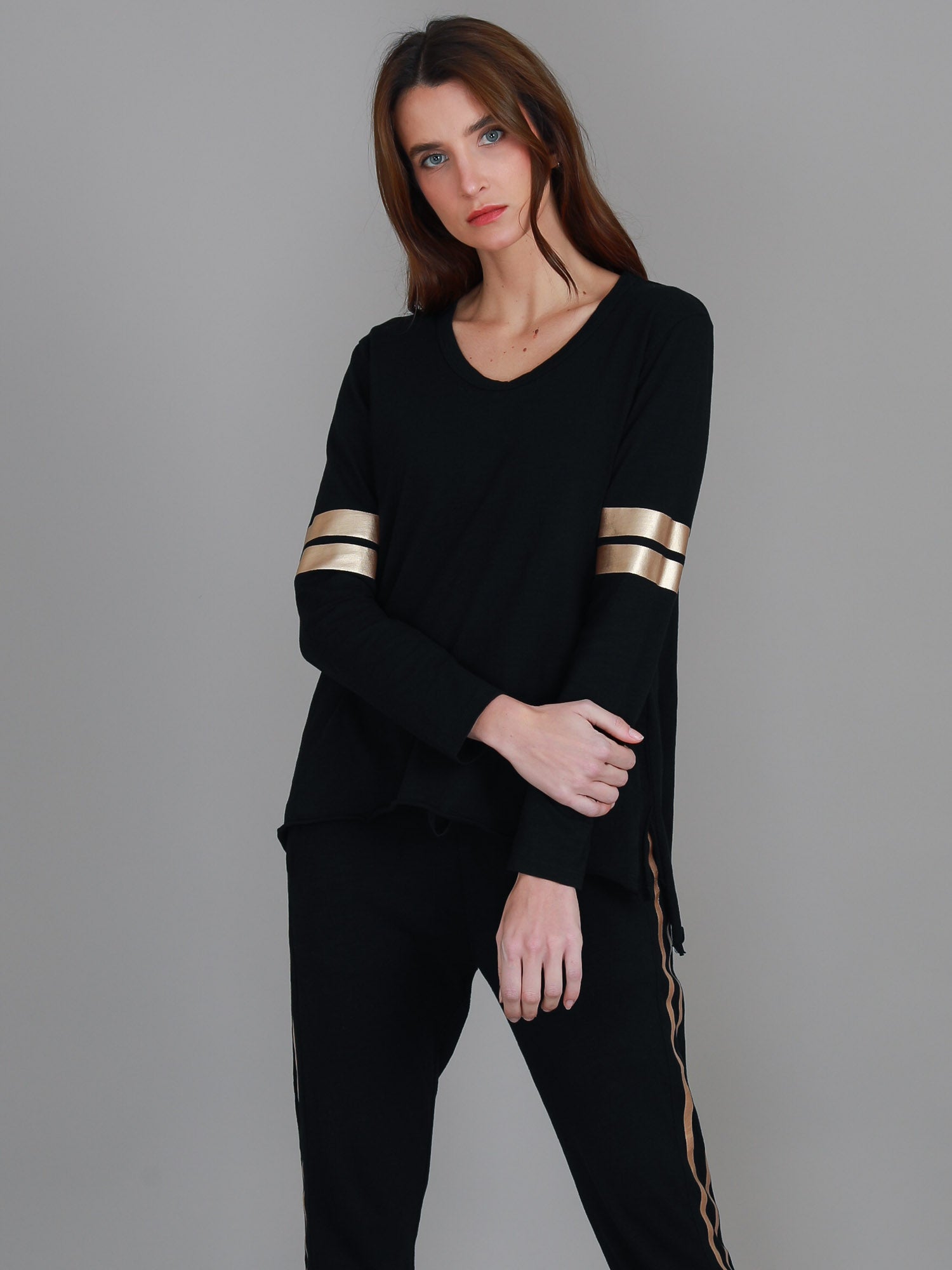 Kiara Twin Gold Stripe T Shirt Black Top
