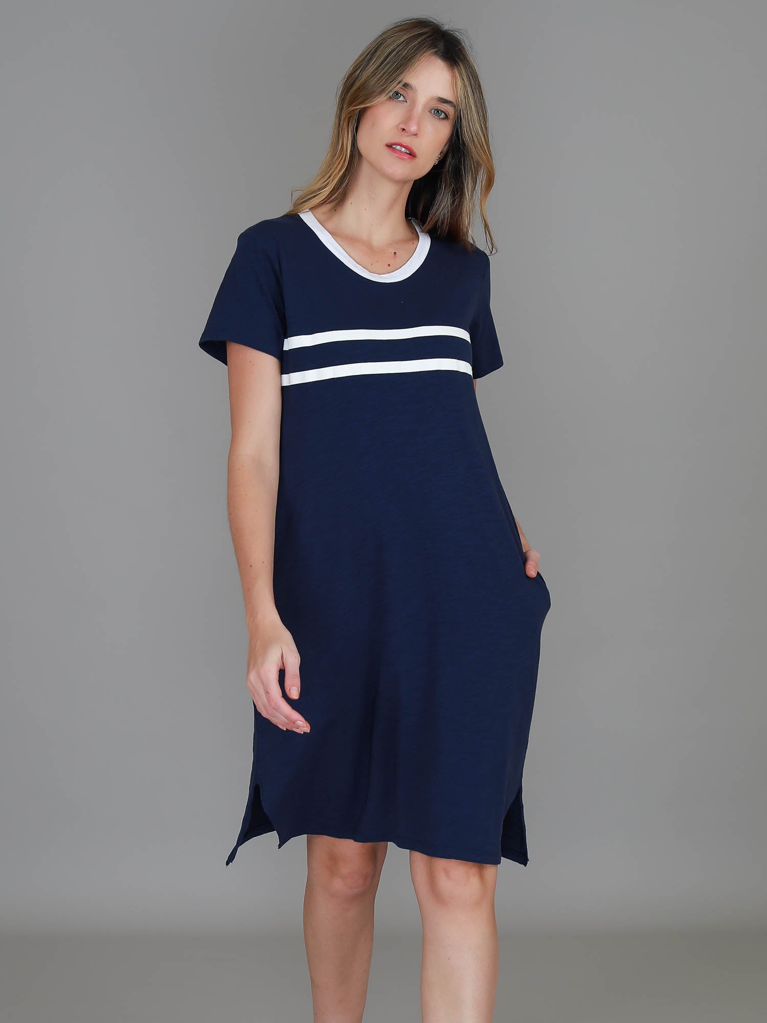 Charlene Stripe T-Shirt Dress – Women's Navy Knee Length Cotton Dress