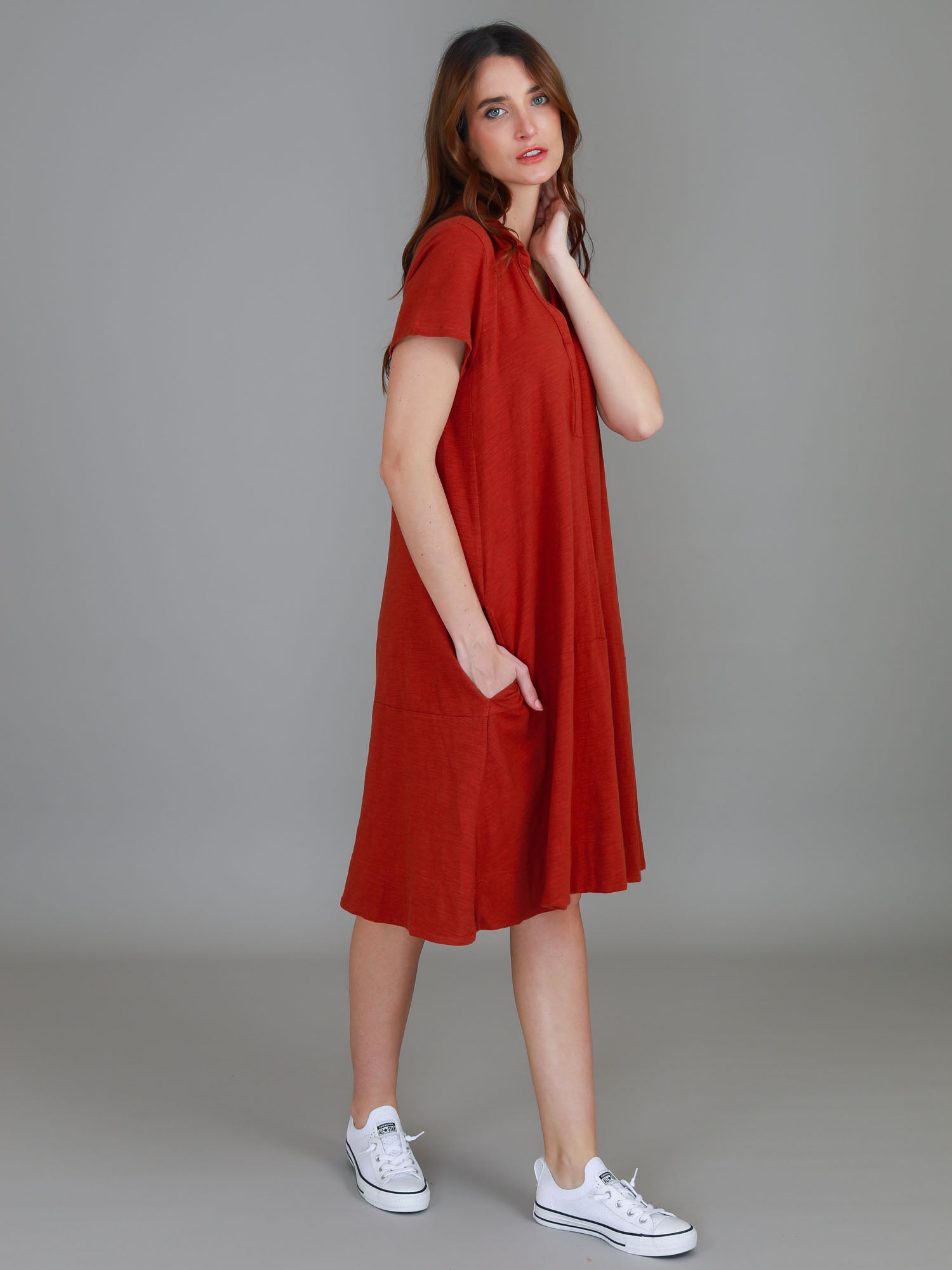 cotton shirt dress #color_red earth