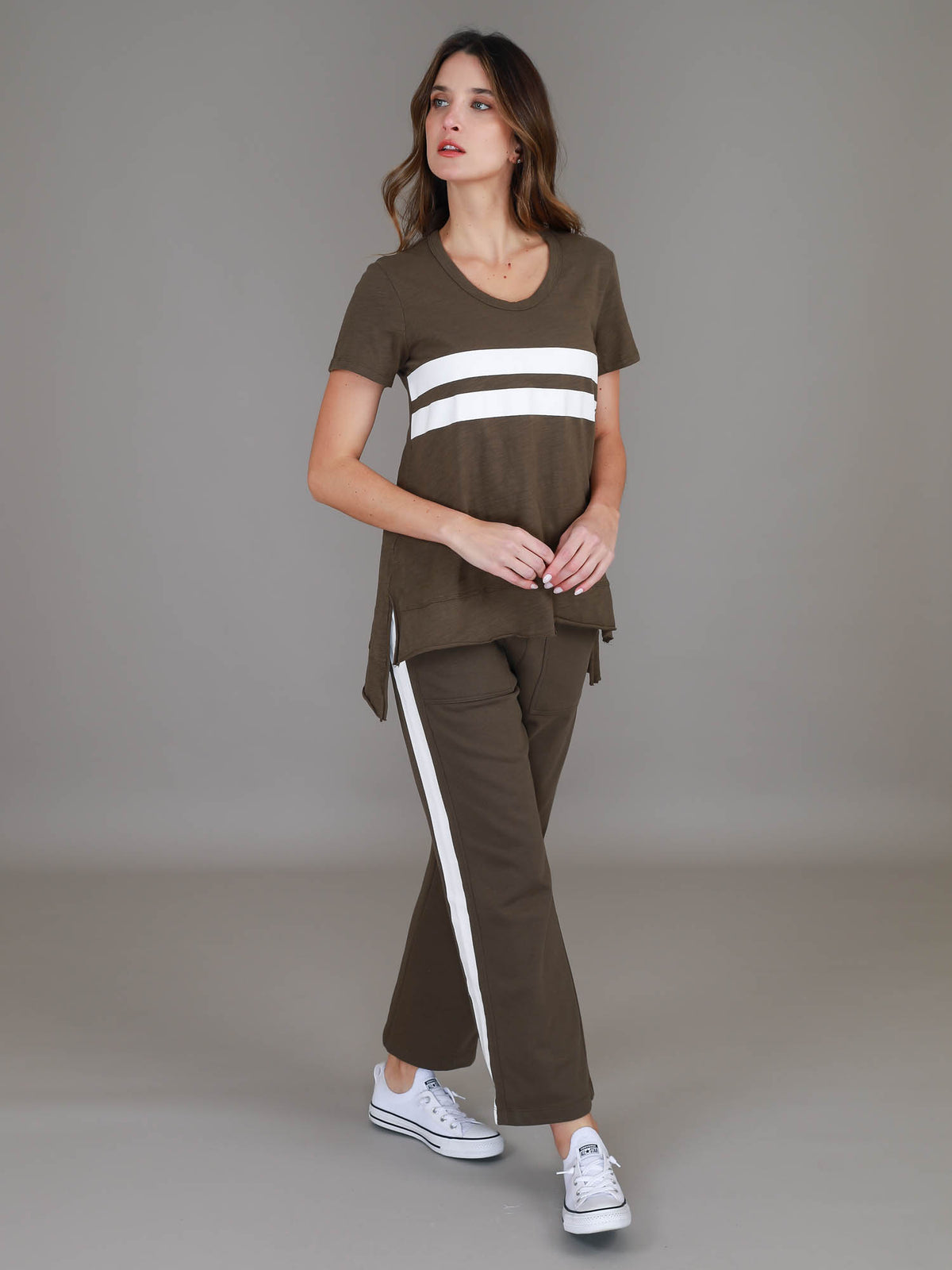 olive stripe co ord set #color_dark olive
