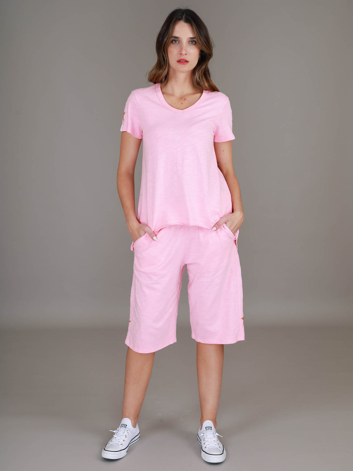 powder pink v neck tee #color_powder pink