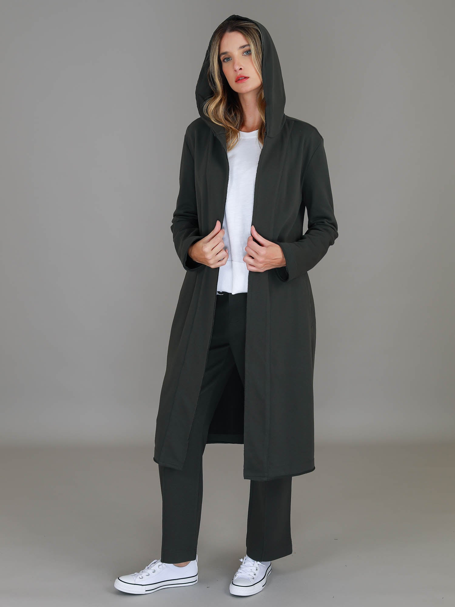 Salisbury Long Jacket – Stretch French Terry Long Cardigan with Hoodie
