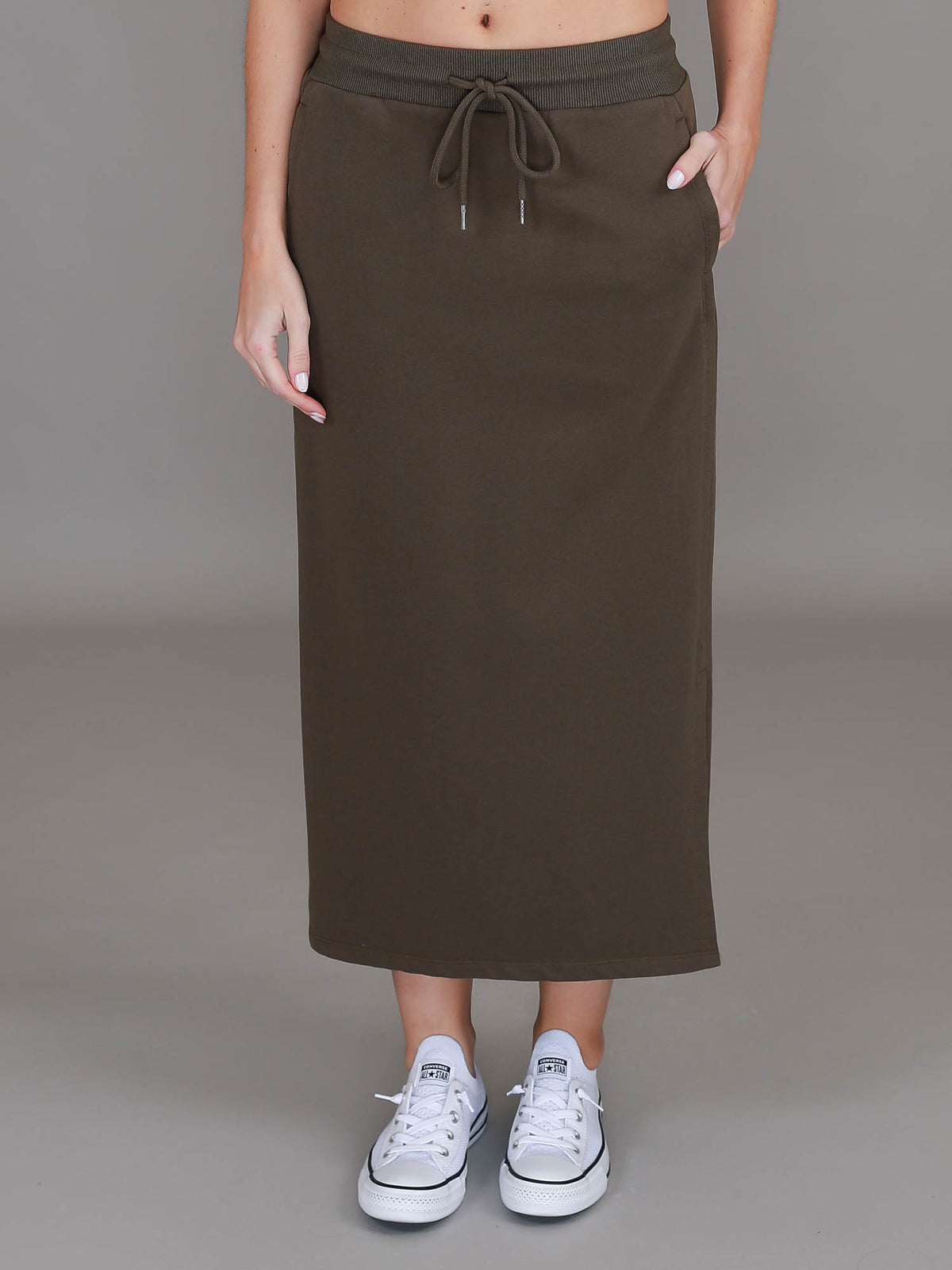 khaki midi skirt women #color_dark olive