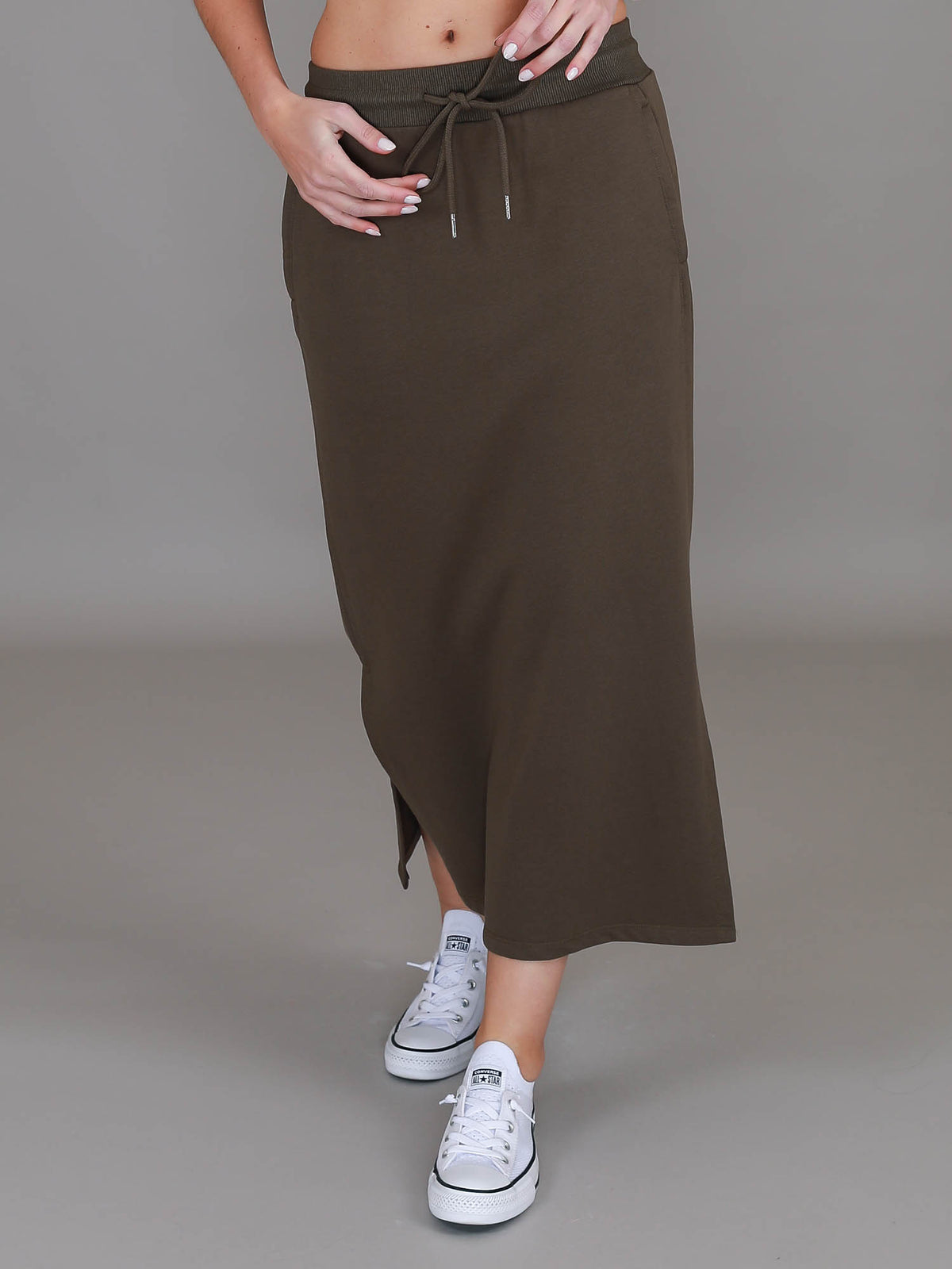 olive french terry skirt #color_dark olive