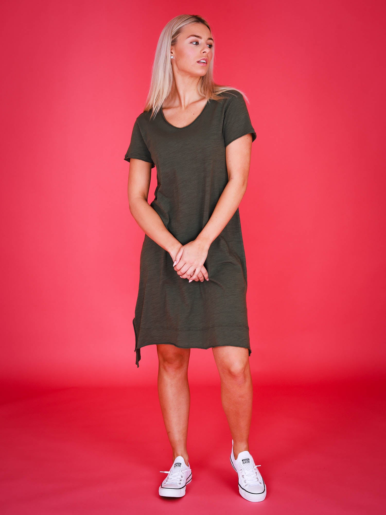 short sleeve midi dress #color_khaki