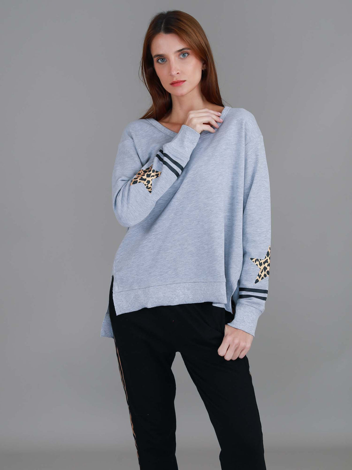 Oxford Leopard Star Print on Sleeve Crewneck Sweatshirt