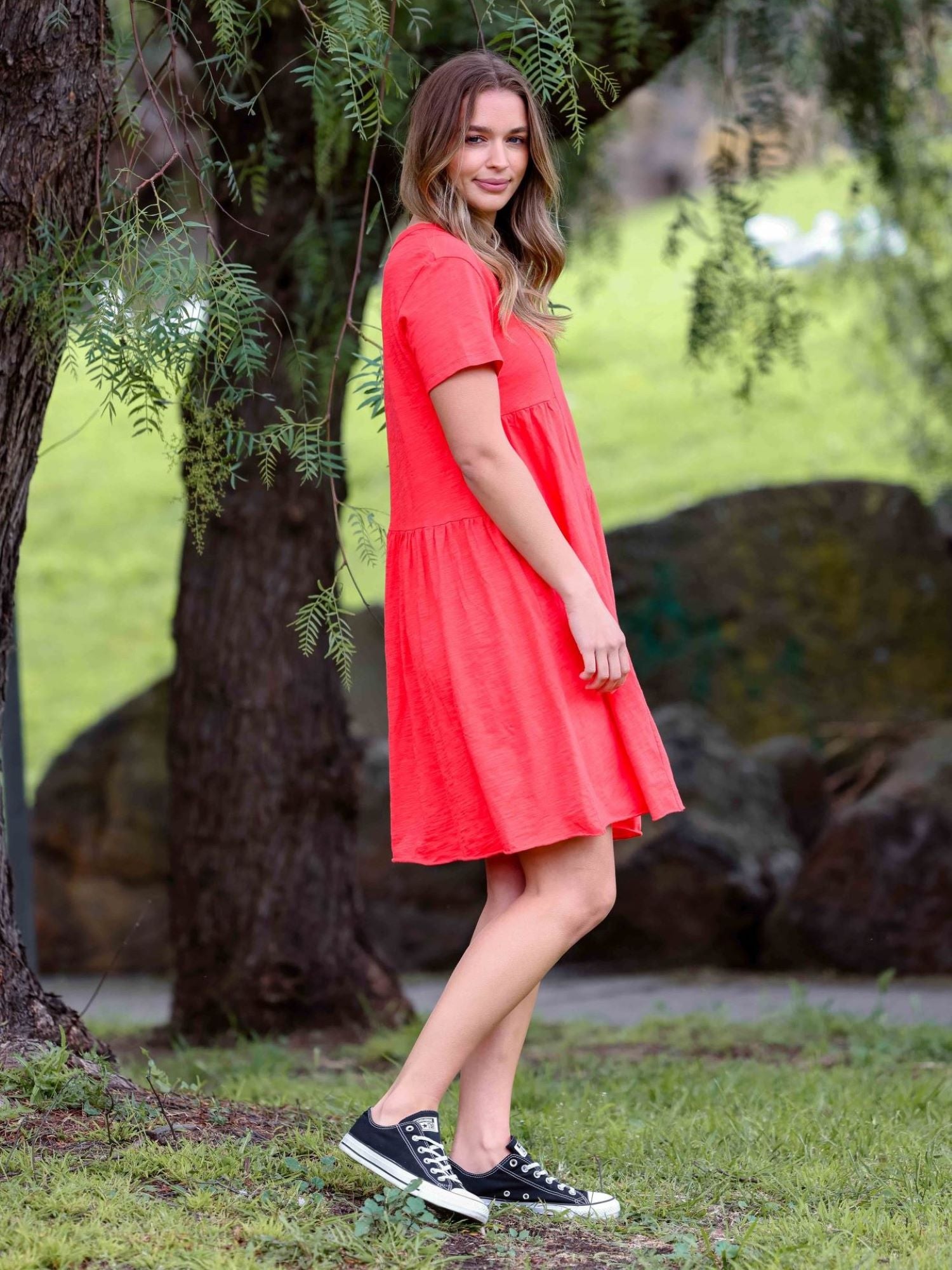 tiered maxi dress #color_tomato