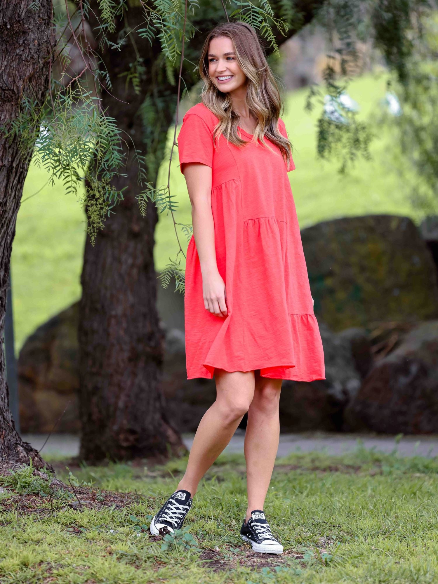 tiered mini dress #color_tomato