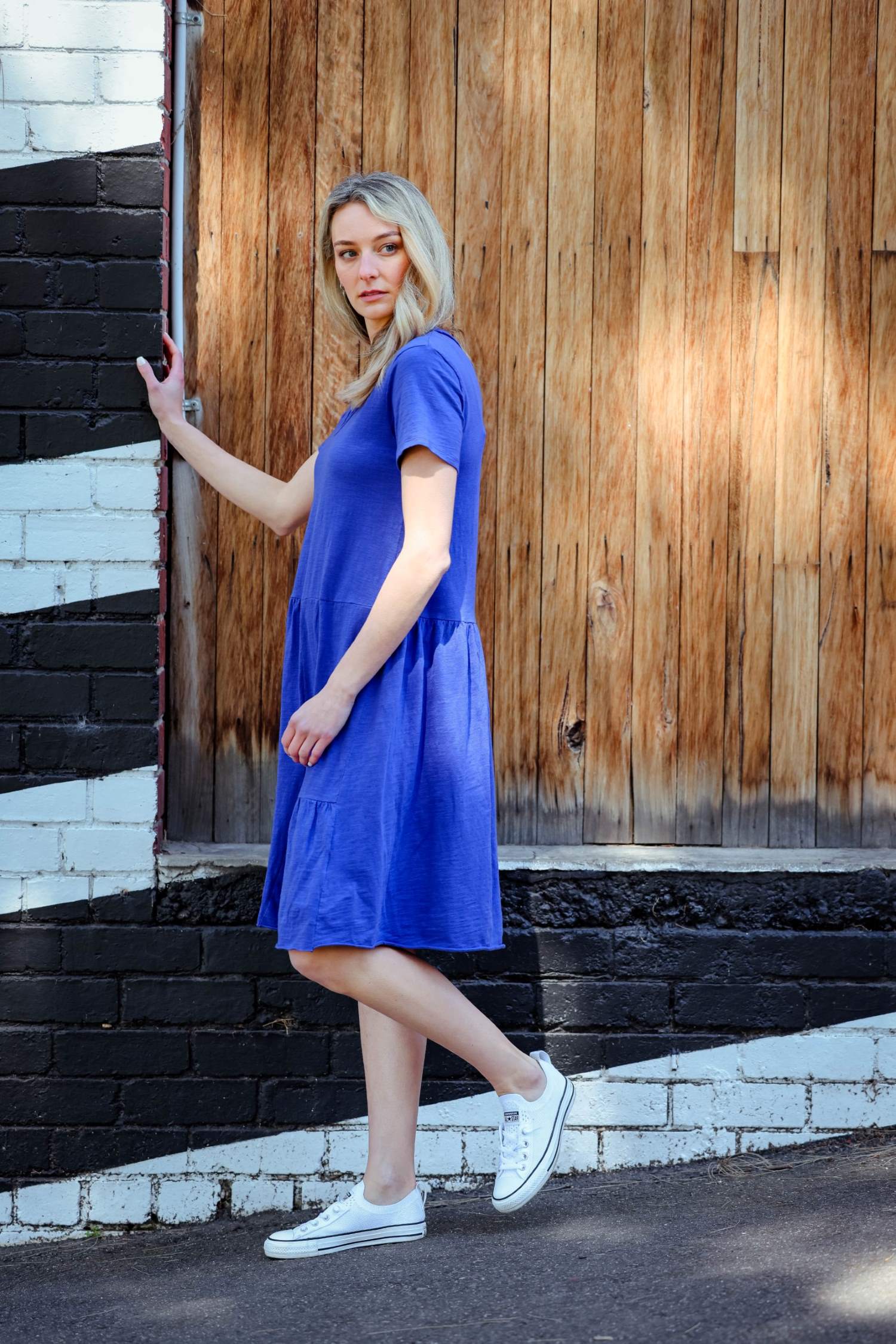 long sleeve tiered dress #color_clematis