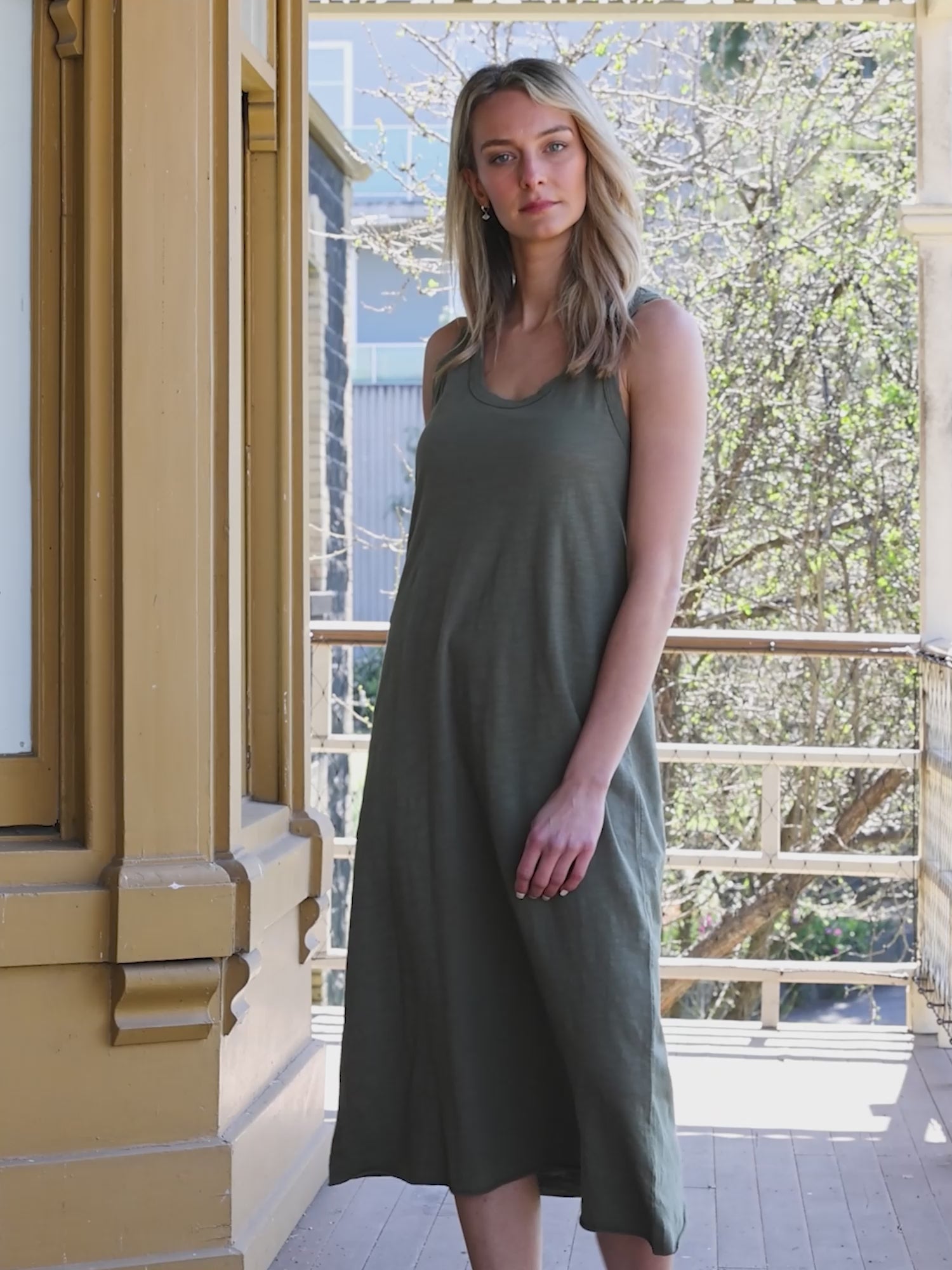 Racer Back Khaki Midi Dress Video #color_wood