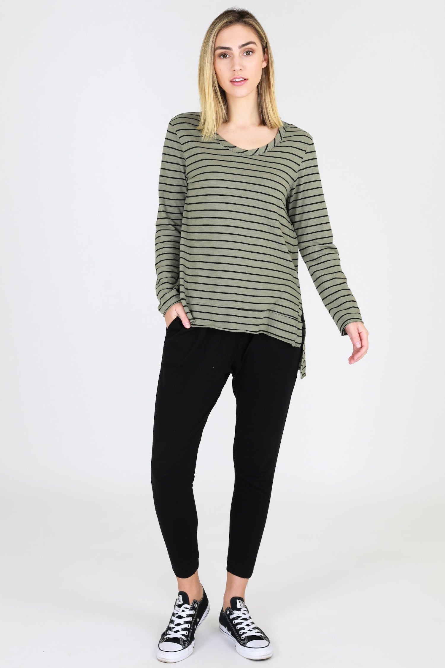 black long sleeve shirt women's #color_moss green stripe