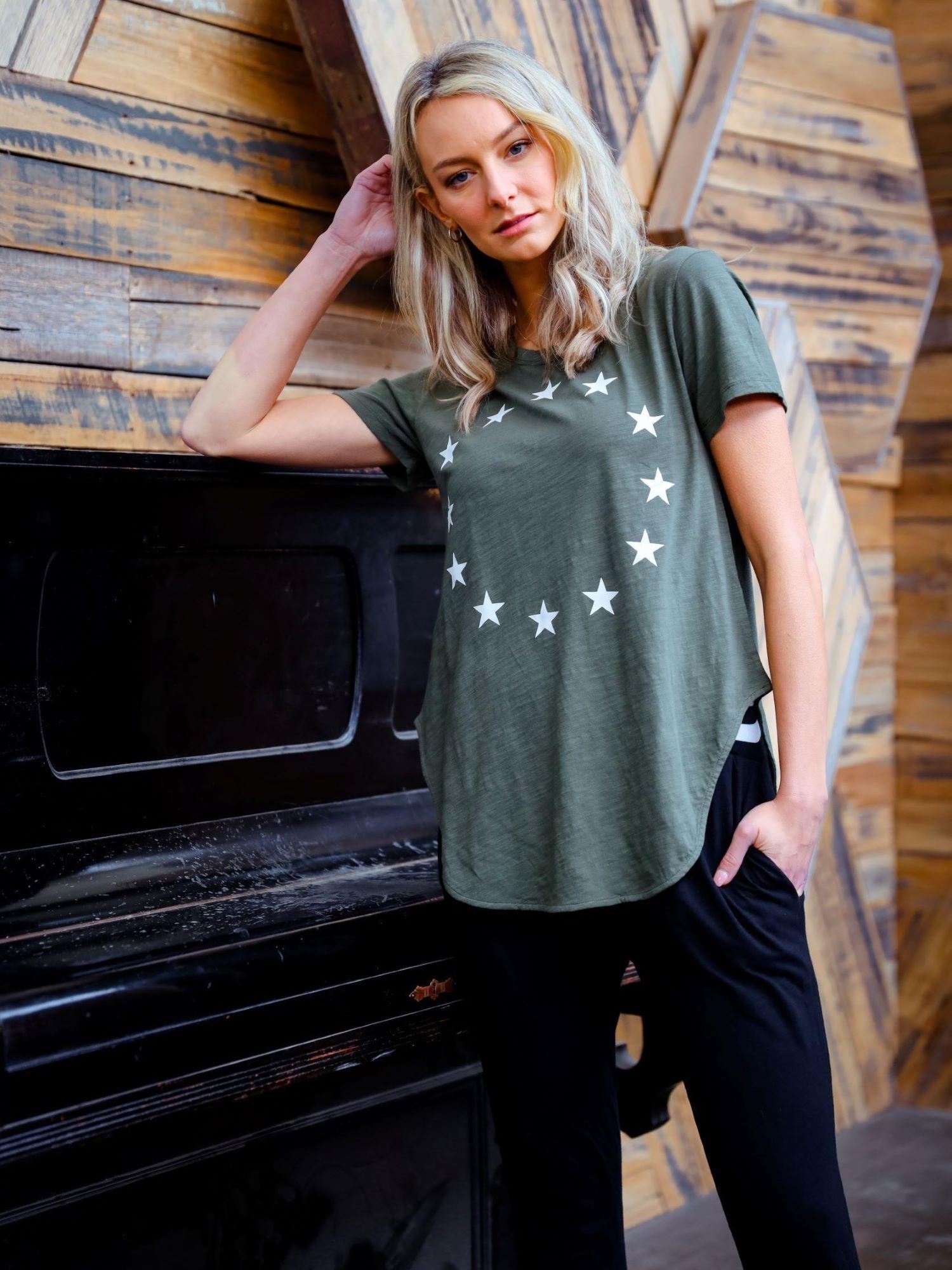 Womens Green Short Sleeve Tee With White Stars