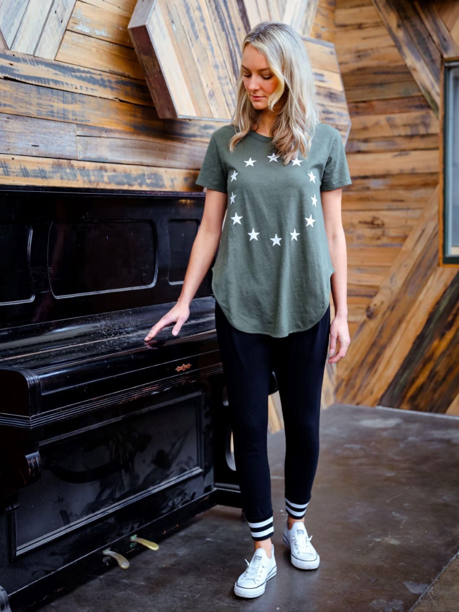 Womens Green Short Sleeve Tee With Mini White Stars