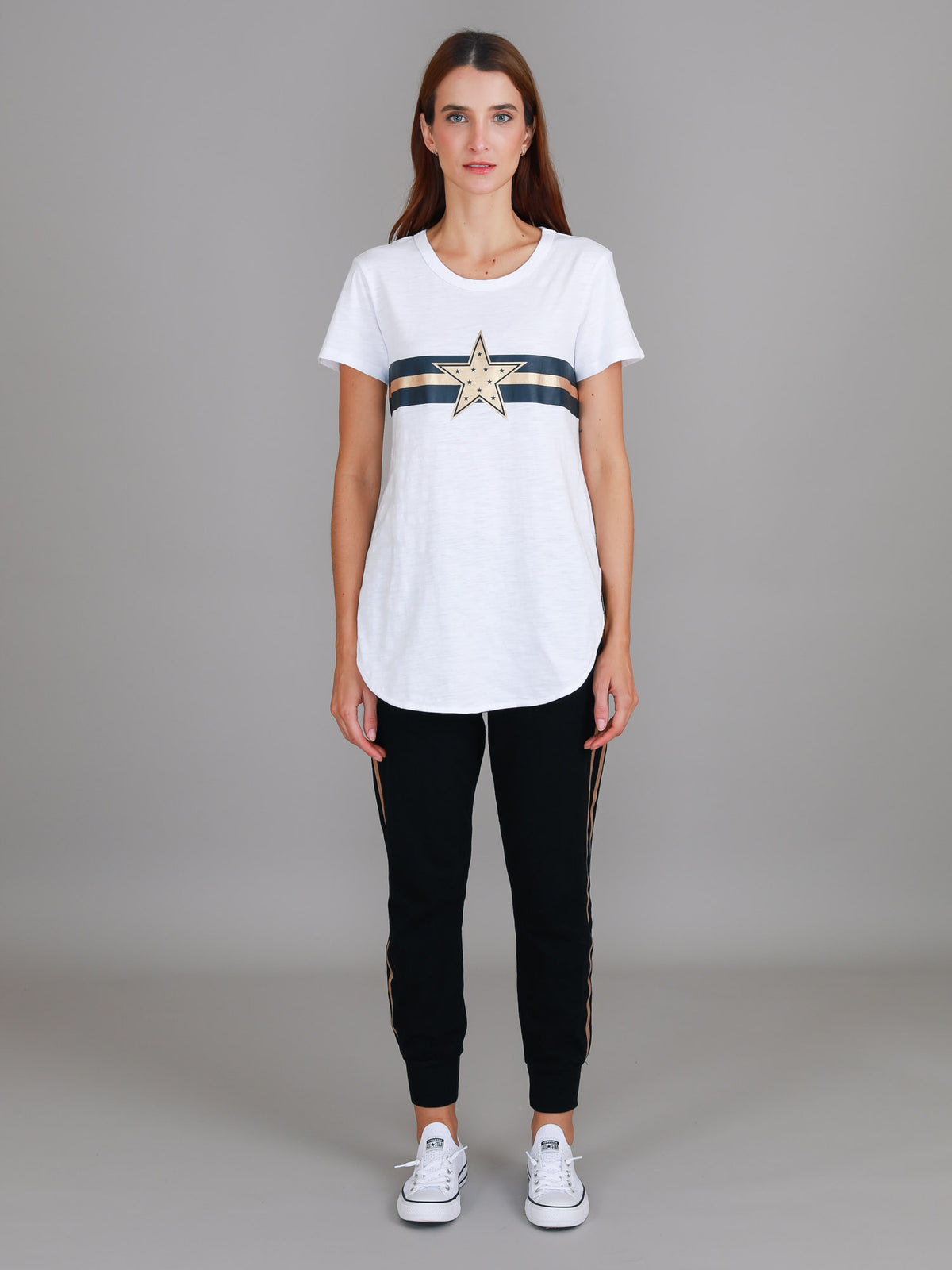 white gold star curved hem tee