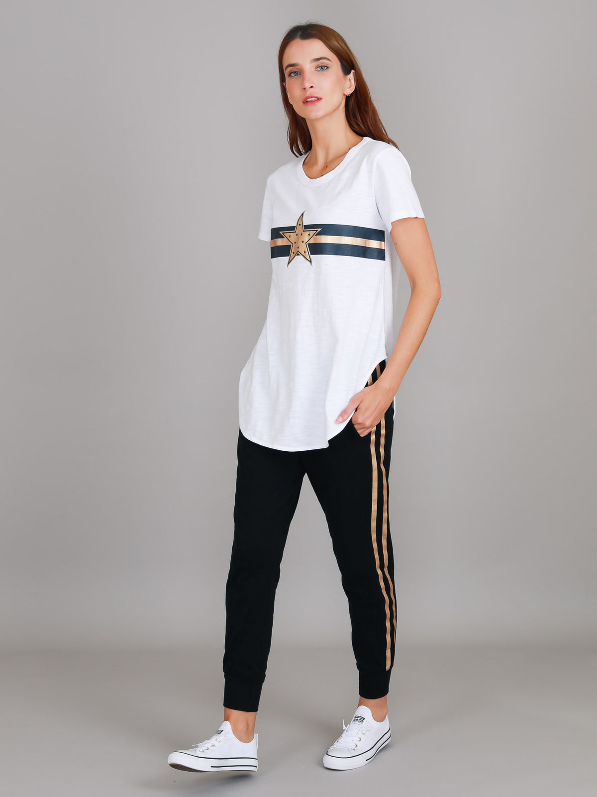 white metallic star tee