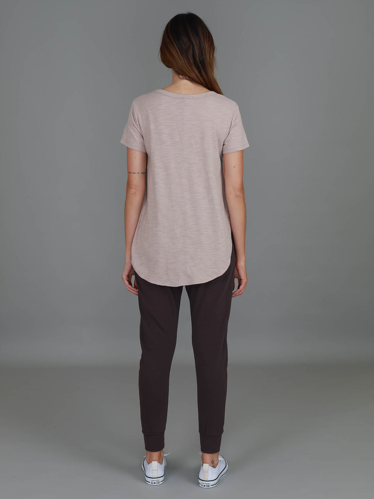 beige gold star curved hem tee