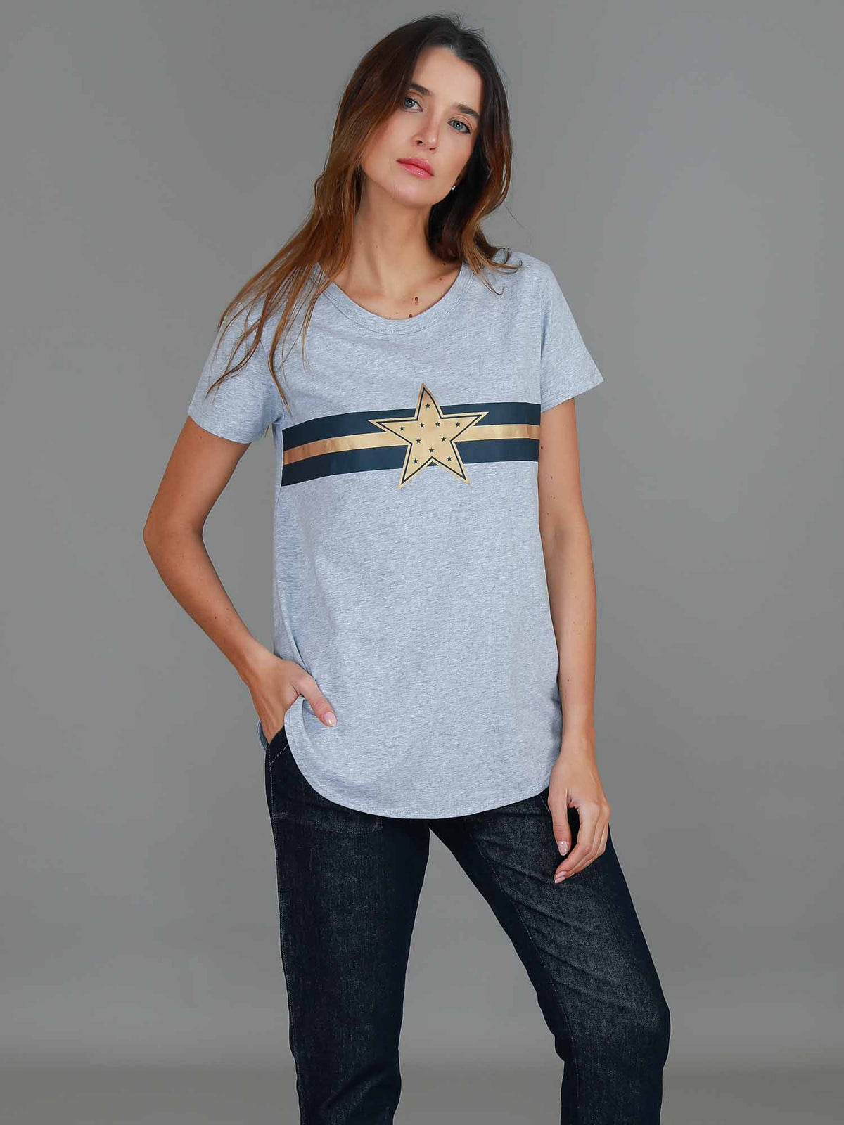 grey marle gold star stripe tee