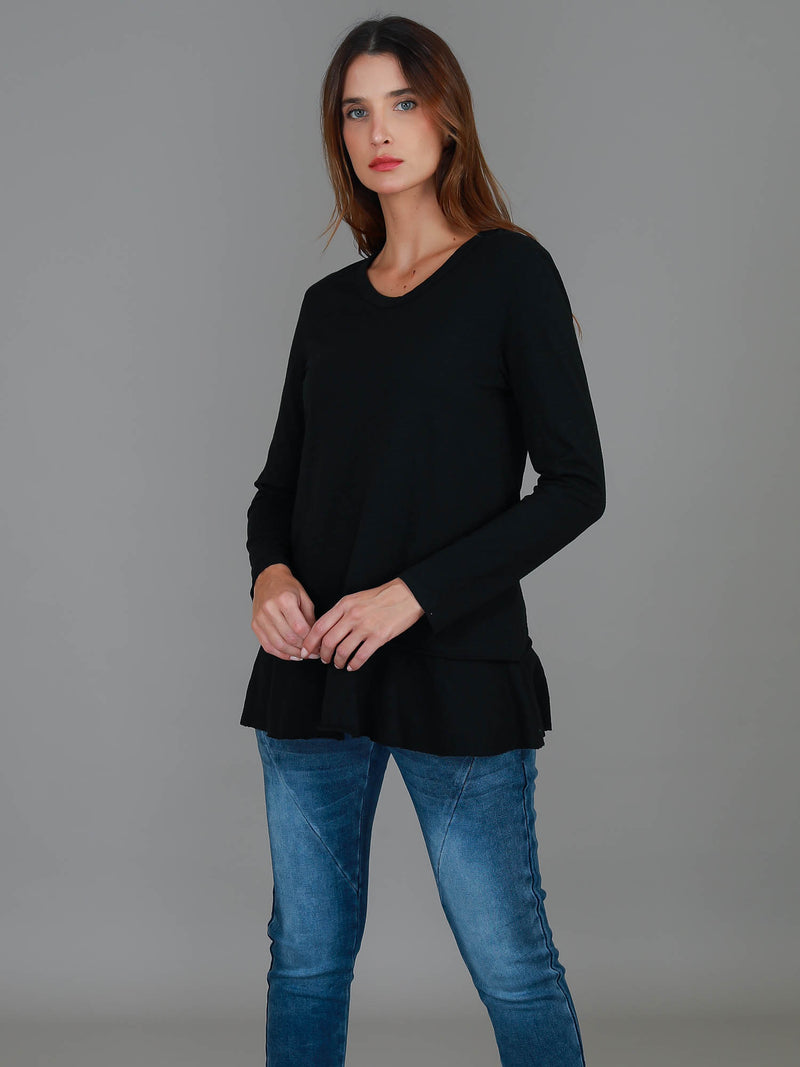 black ruffle hem long sleeve tee #color_black