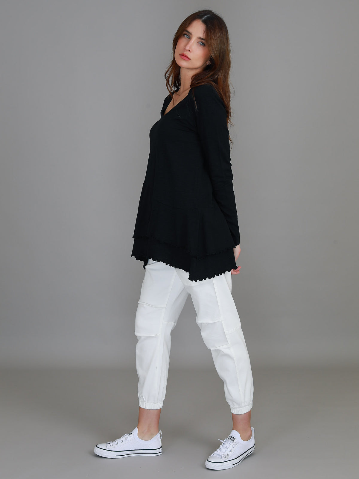 black scoop neck ruffle tee