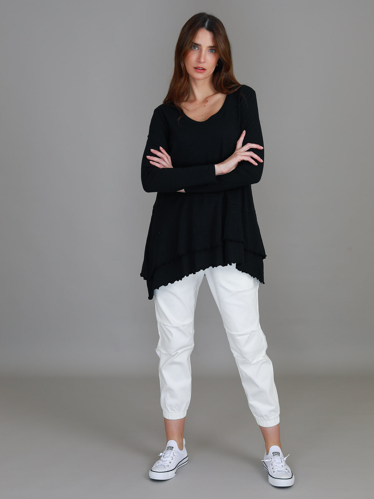 black ruffle hem long sleeve top