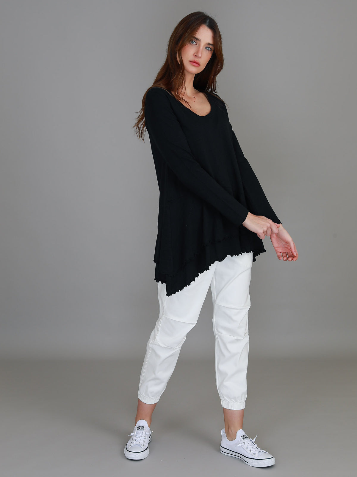 black ruffle long sleeve tee