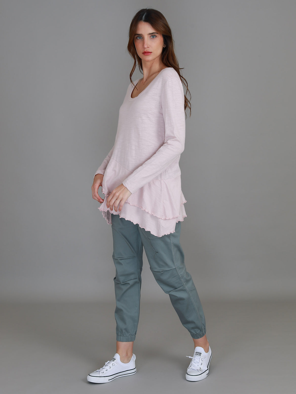 pink ruffle hem long sleeve top