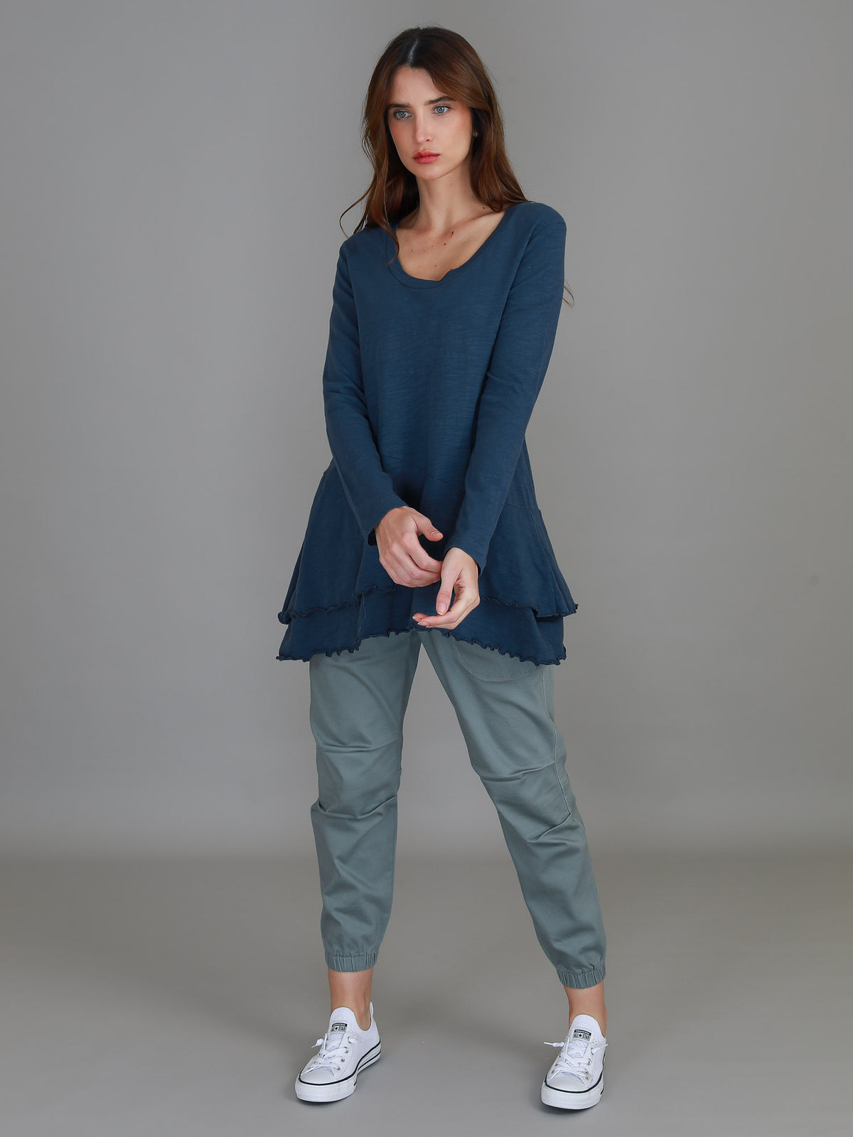 indigo scoop long sleeve top