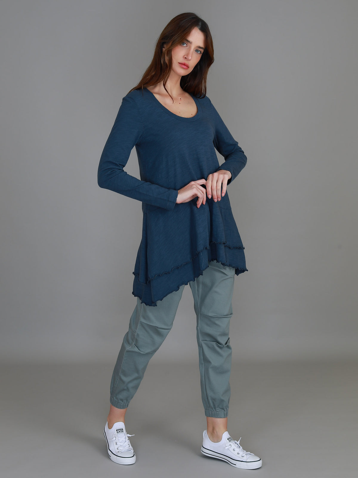navy scoop neck ruffle tee