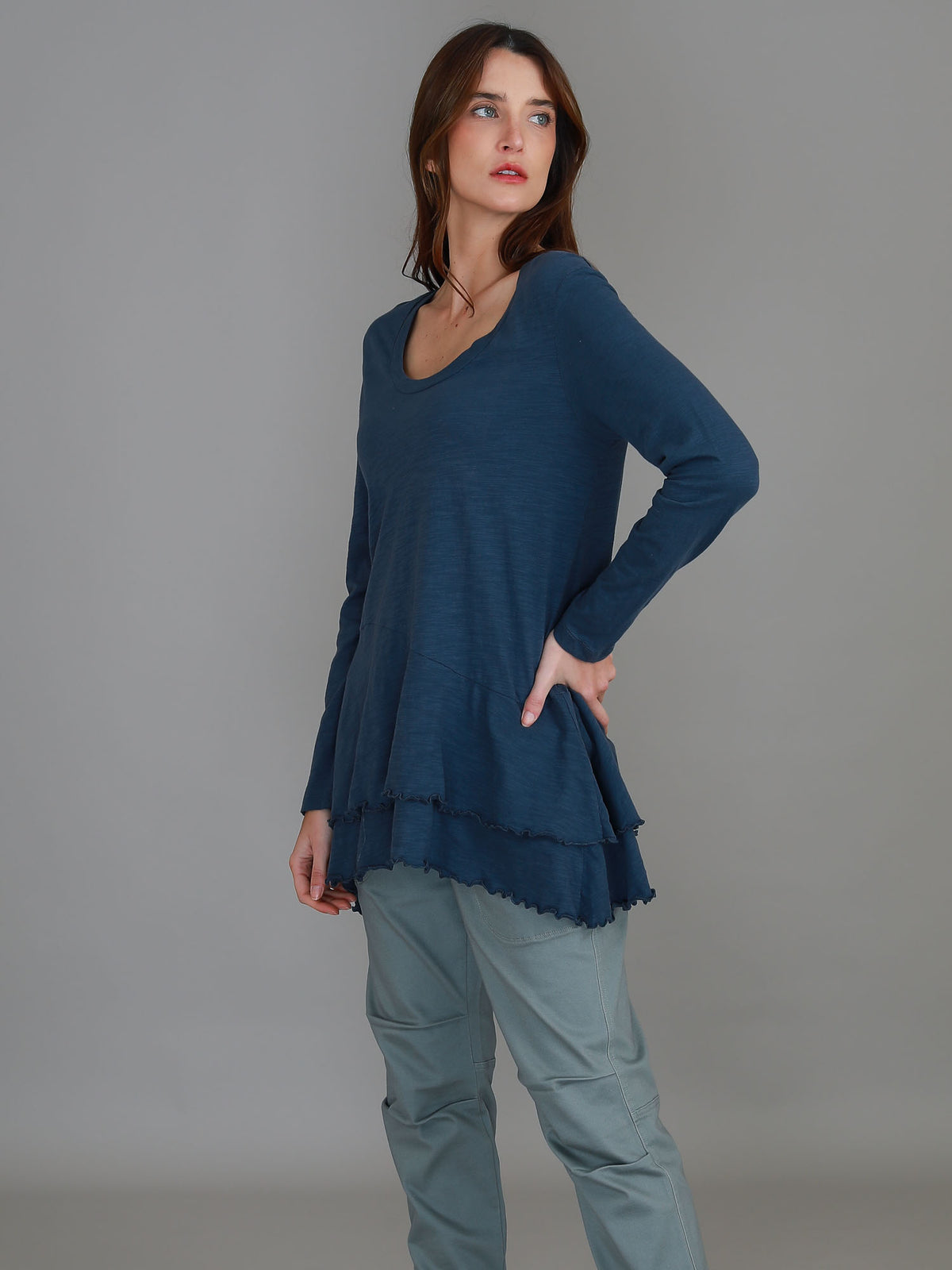 indigo ruffle hem tee
