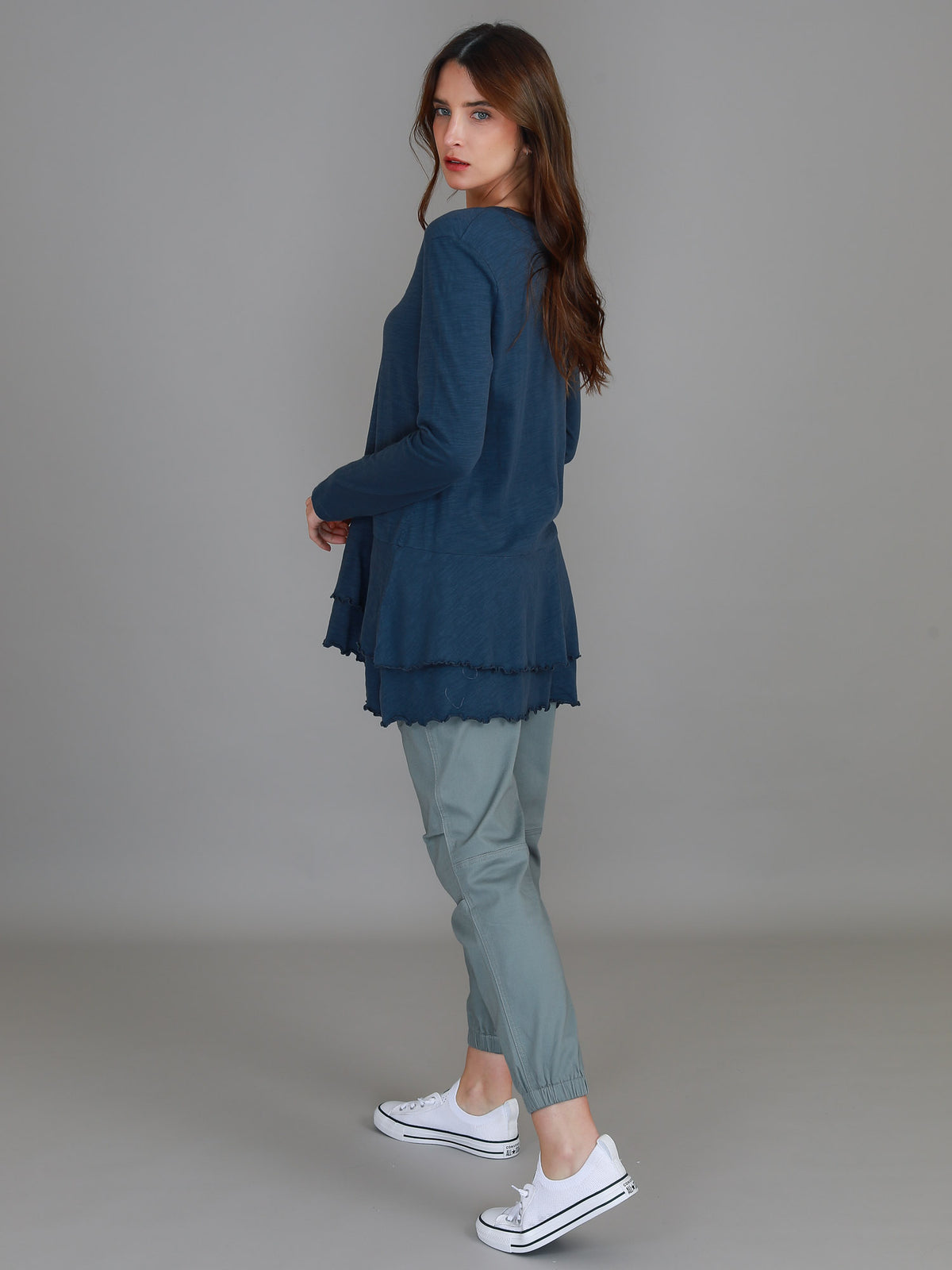 navy ruffle long sleeve tee