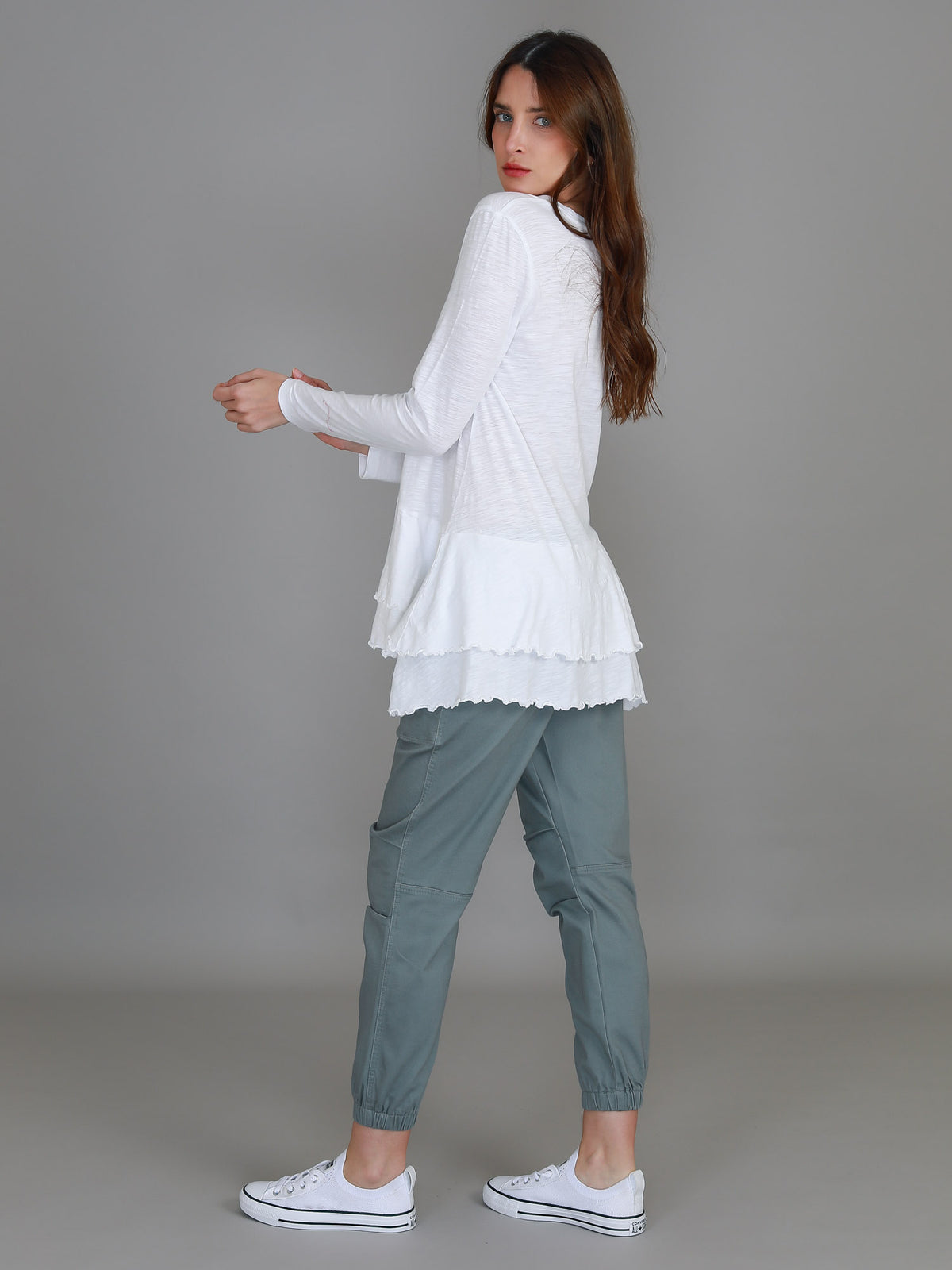 white scoop neck ruffle tee