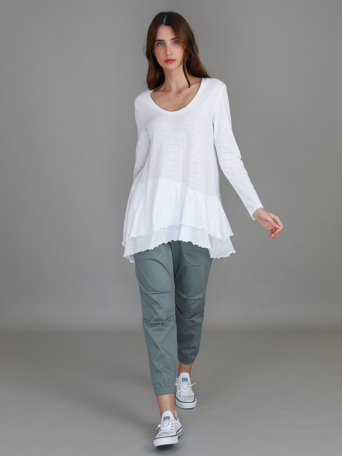 white ruffle long sleeve tee