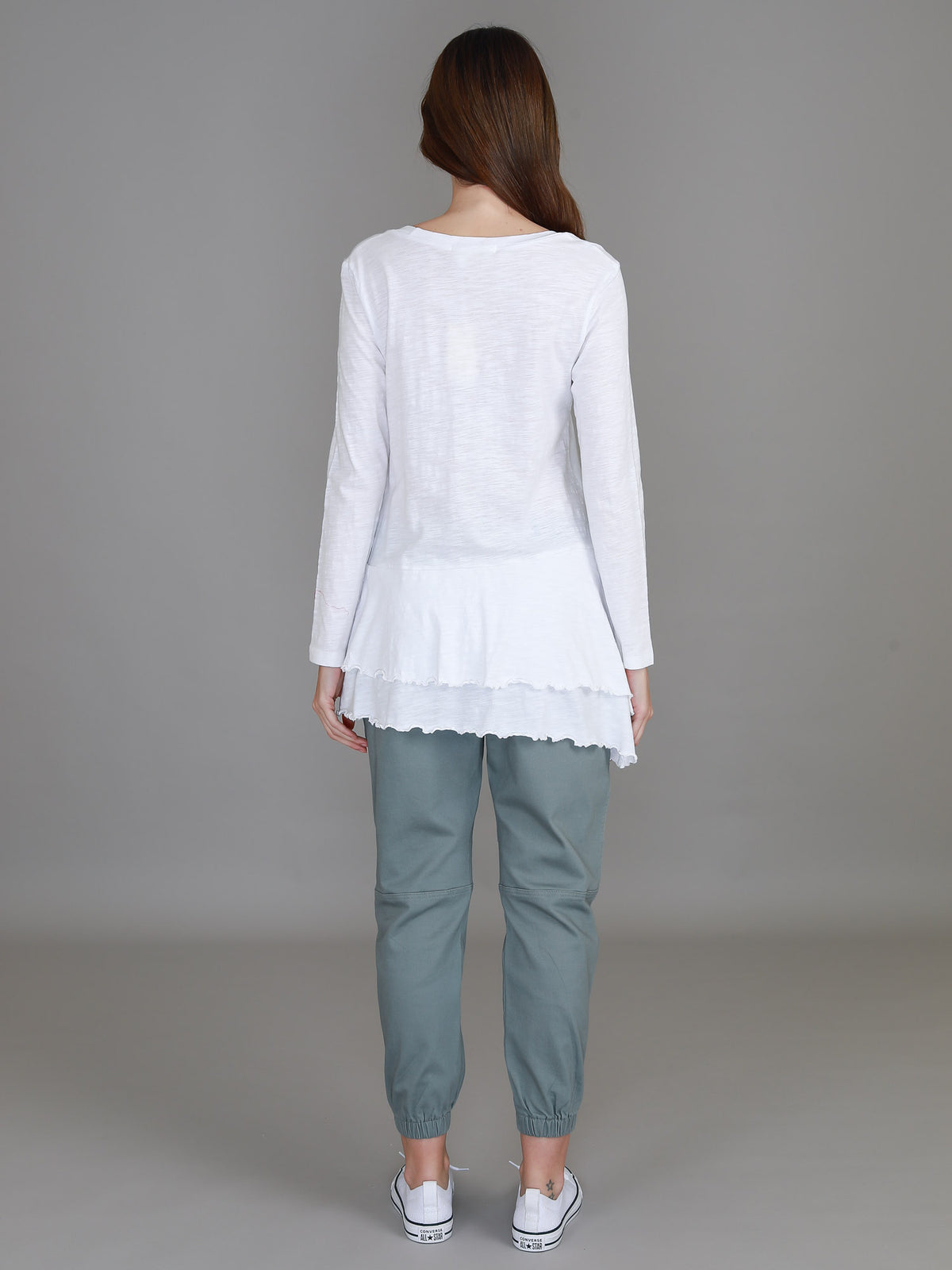 white longline ruffle long sleeve