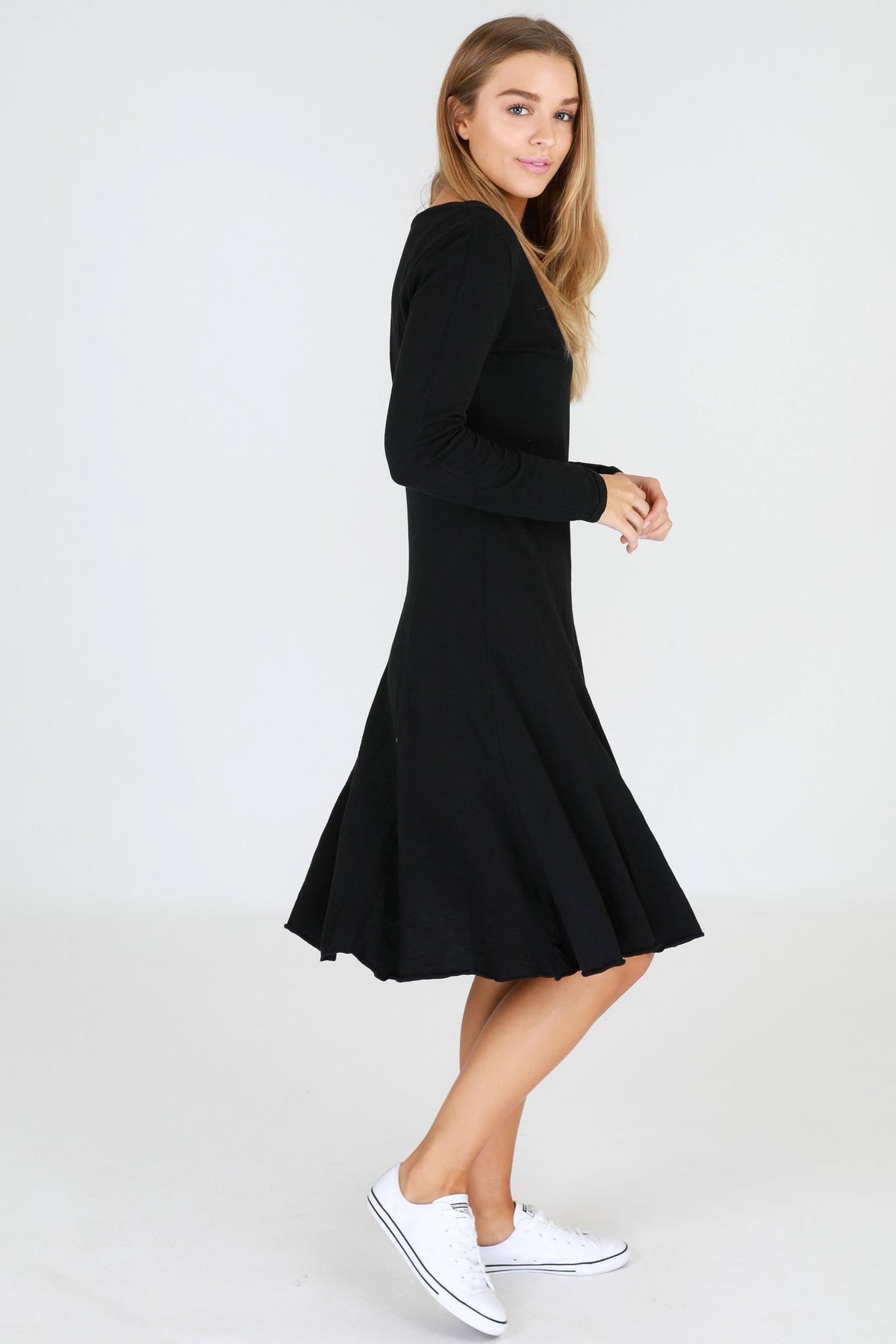 long sleeve black midi dress