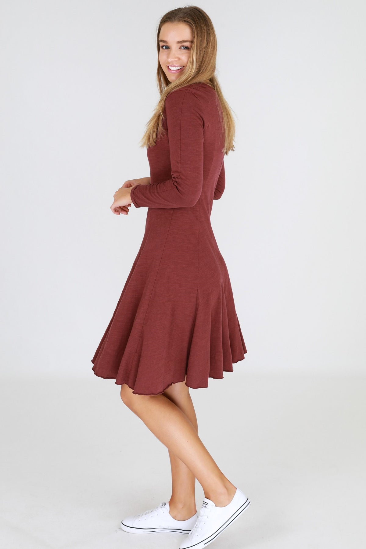 red v neck dress