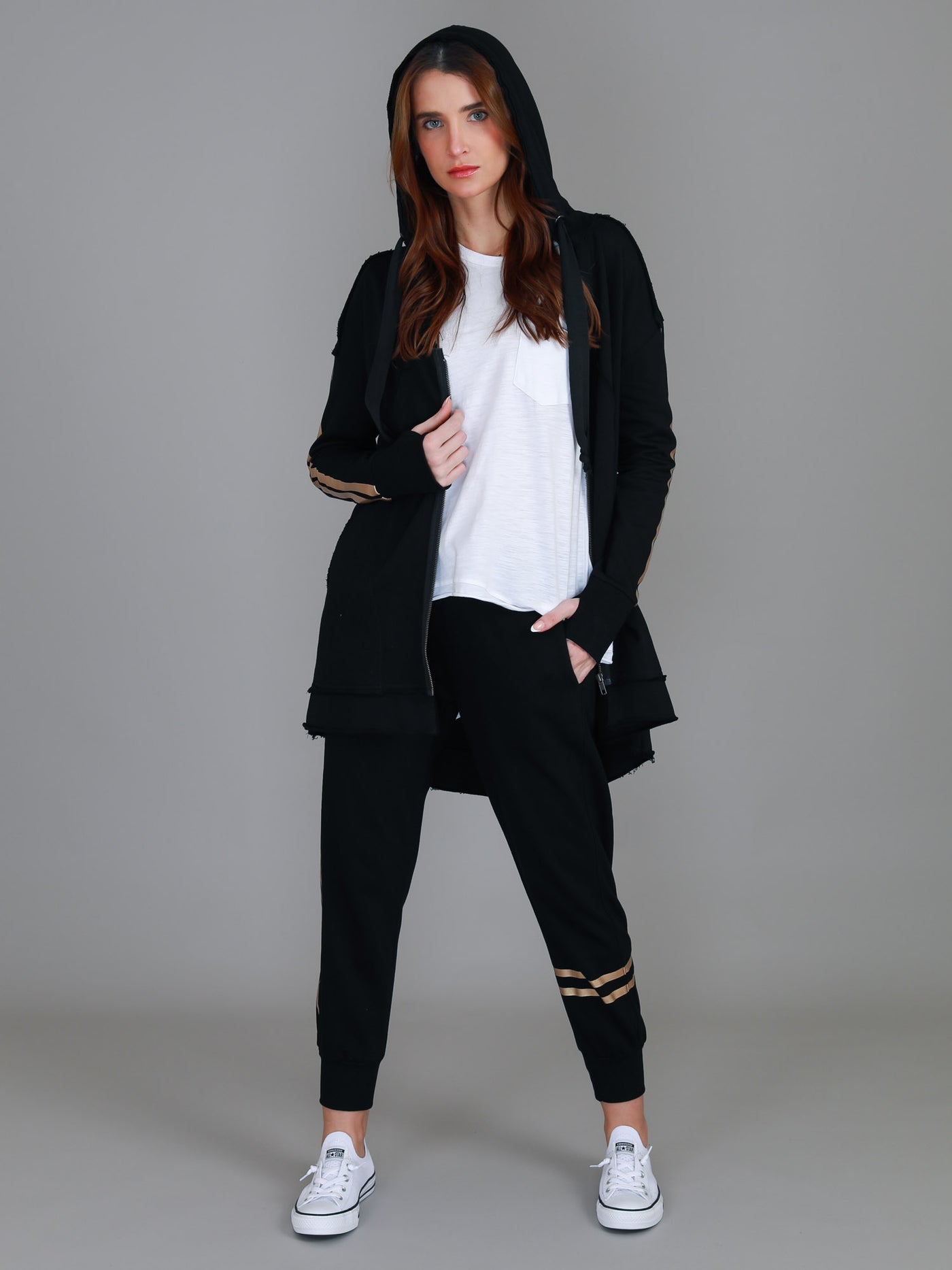 Charlie | Women's Gold Stripe Hooded Jacket – Cotton French Terry