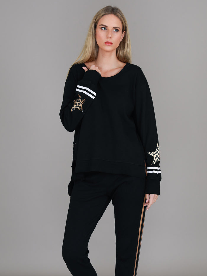Oxford Leopard Star Print on Sleeve Crewneck Sweatshirt