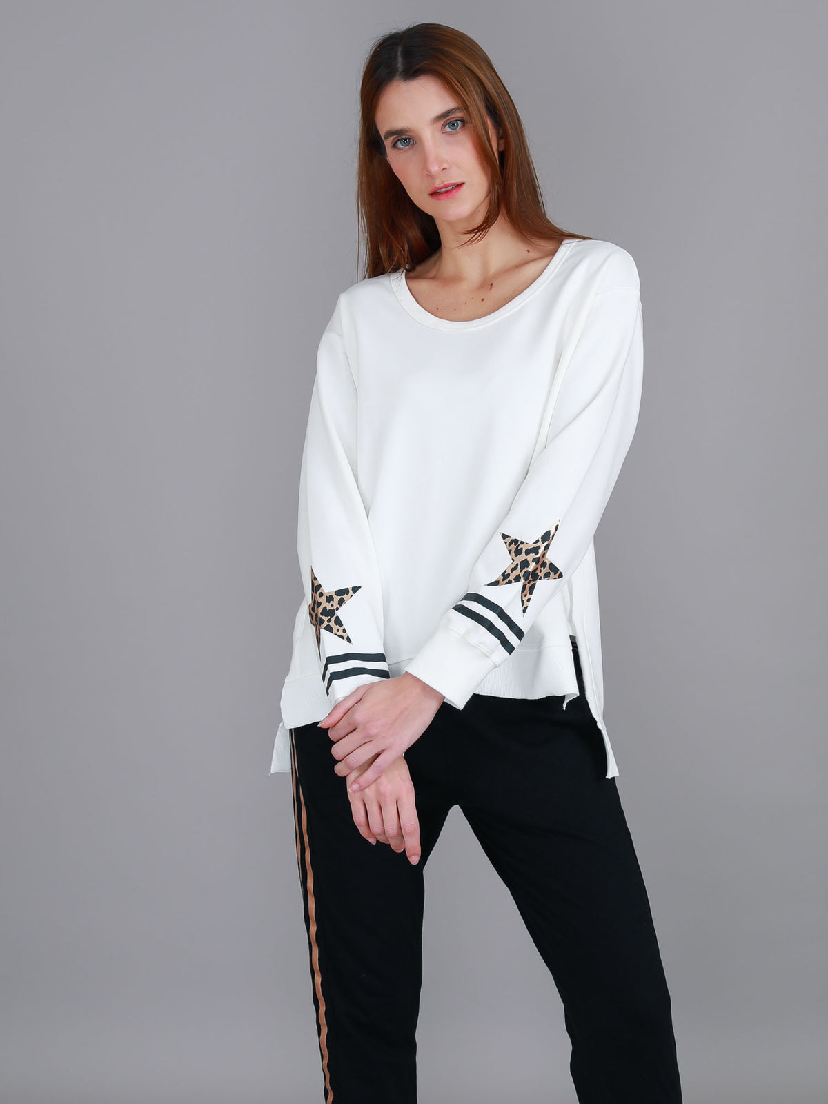Oxford Leopard Star Print on Sleeve Crewneck Sweatshirt