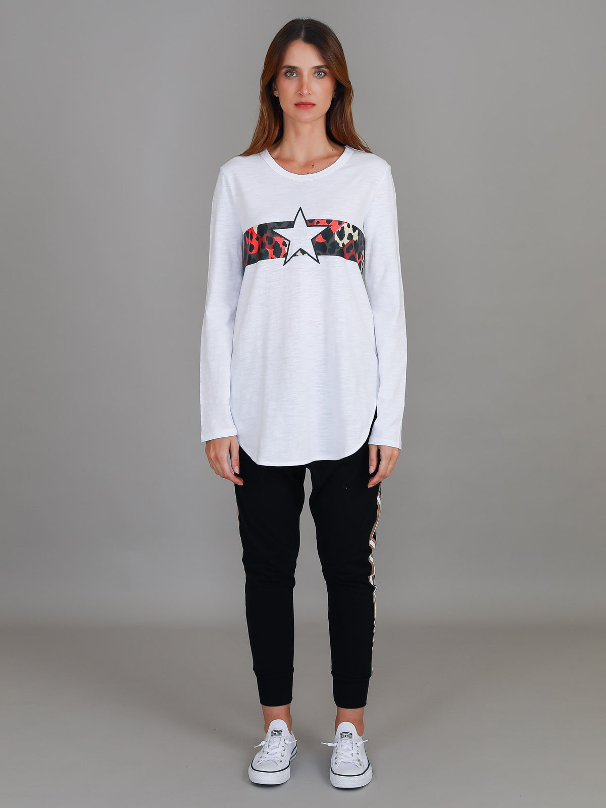 leopard star tee long sleeve white